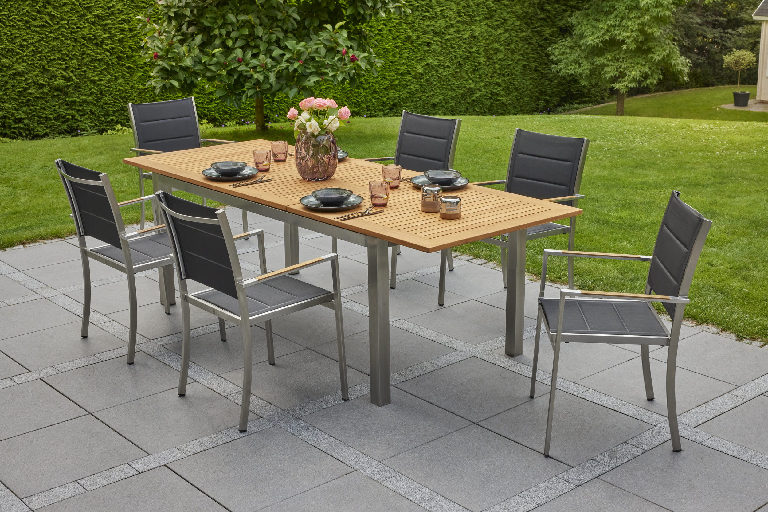 LC Garden »Steelado« Stapelstuhl Textilen Edelstahl/schwarz Armlehnstuhl Teakholz Gartenstuhl