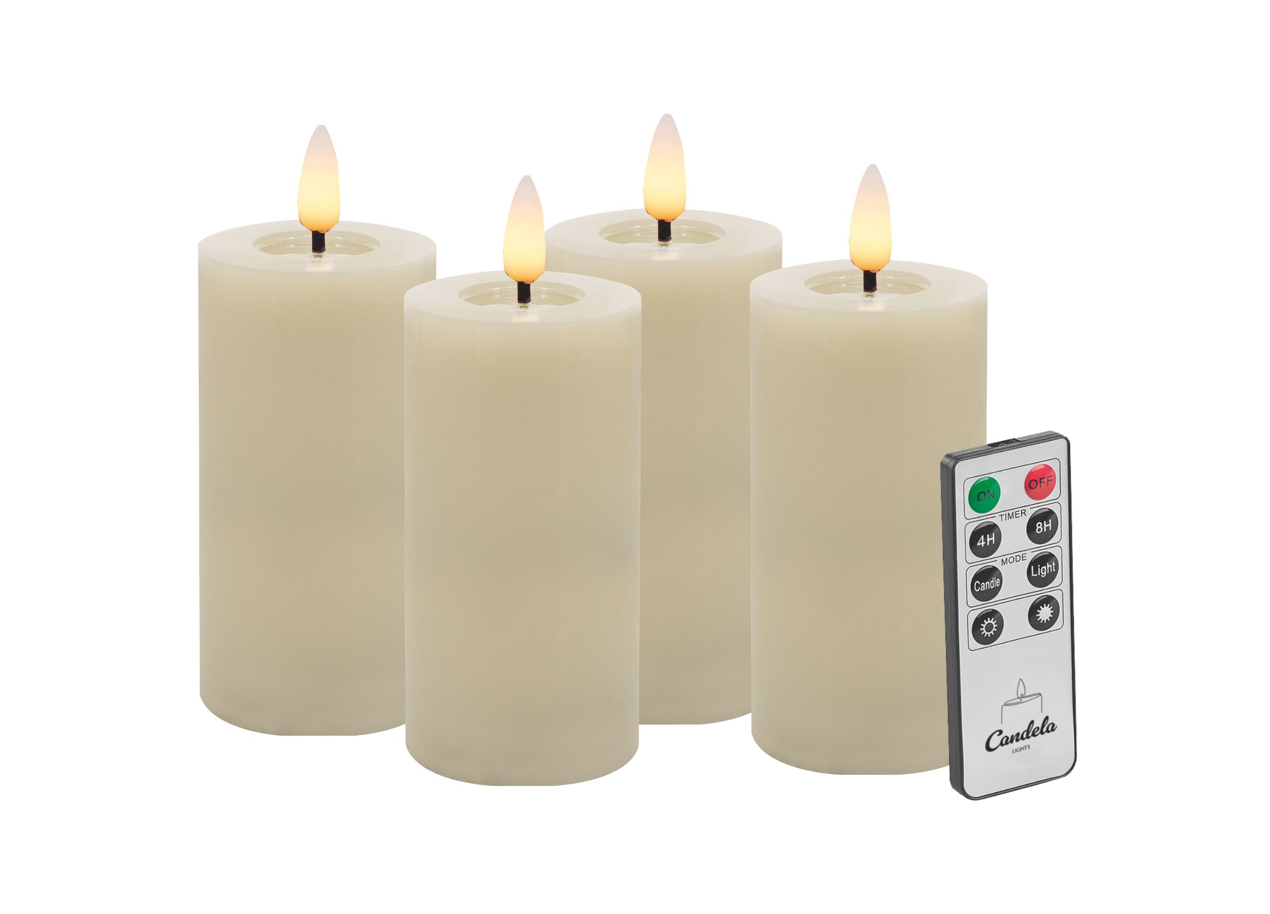 Candela LED Kerzen 4er Set H:10xØ5cm Winter creme glatt Echtwachs mit Fernbedienung Timer Funktion & mehrstufig dimmbar flammenlos Echtwachskerzen Stumpenkerze