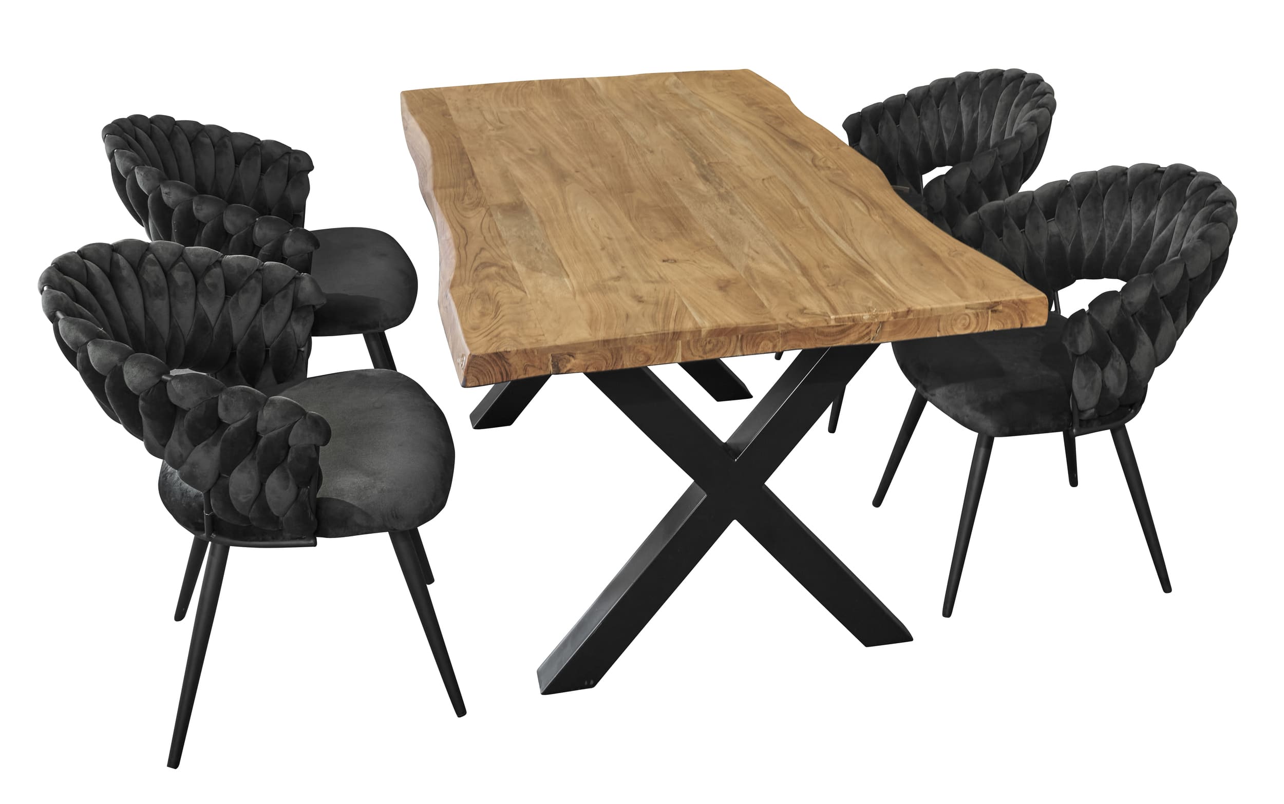 LC Home Sitzgruppe 5tlg. Esstisch 180cm + 4x Esszimmerstuhl Nancy Samtbezug schwarz, Akazienholz massiv X-Gestell