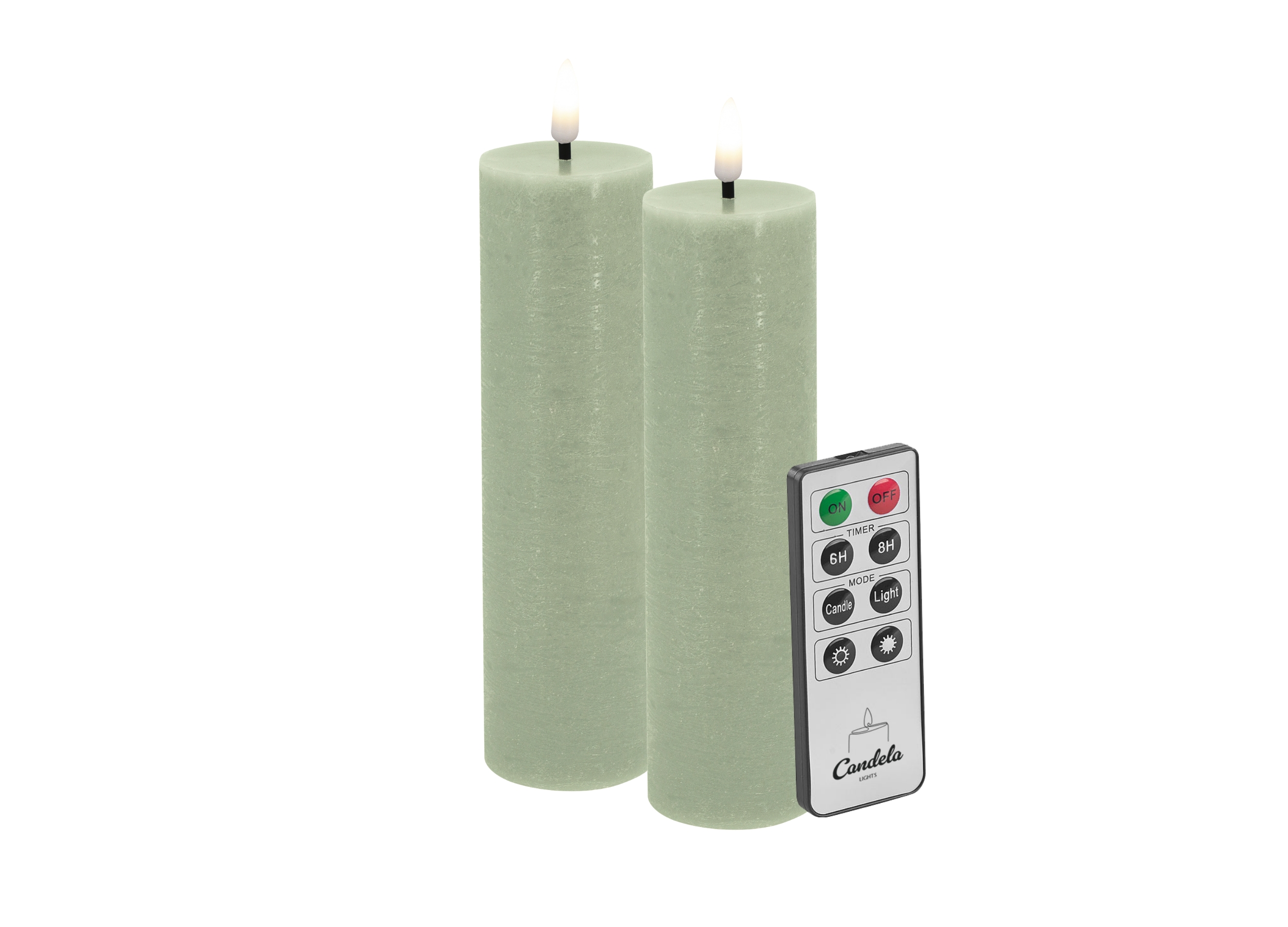 Candela LED Kerzen 2er Set H:17,5xØ5cm grün rustic Echtwachs mit Fernbedienung Timer Funktion & mehrstufig dimmbar flammenlos Echtwachskerzen Stumpenkerze