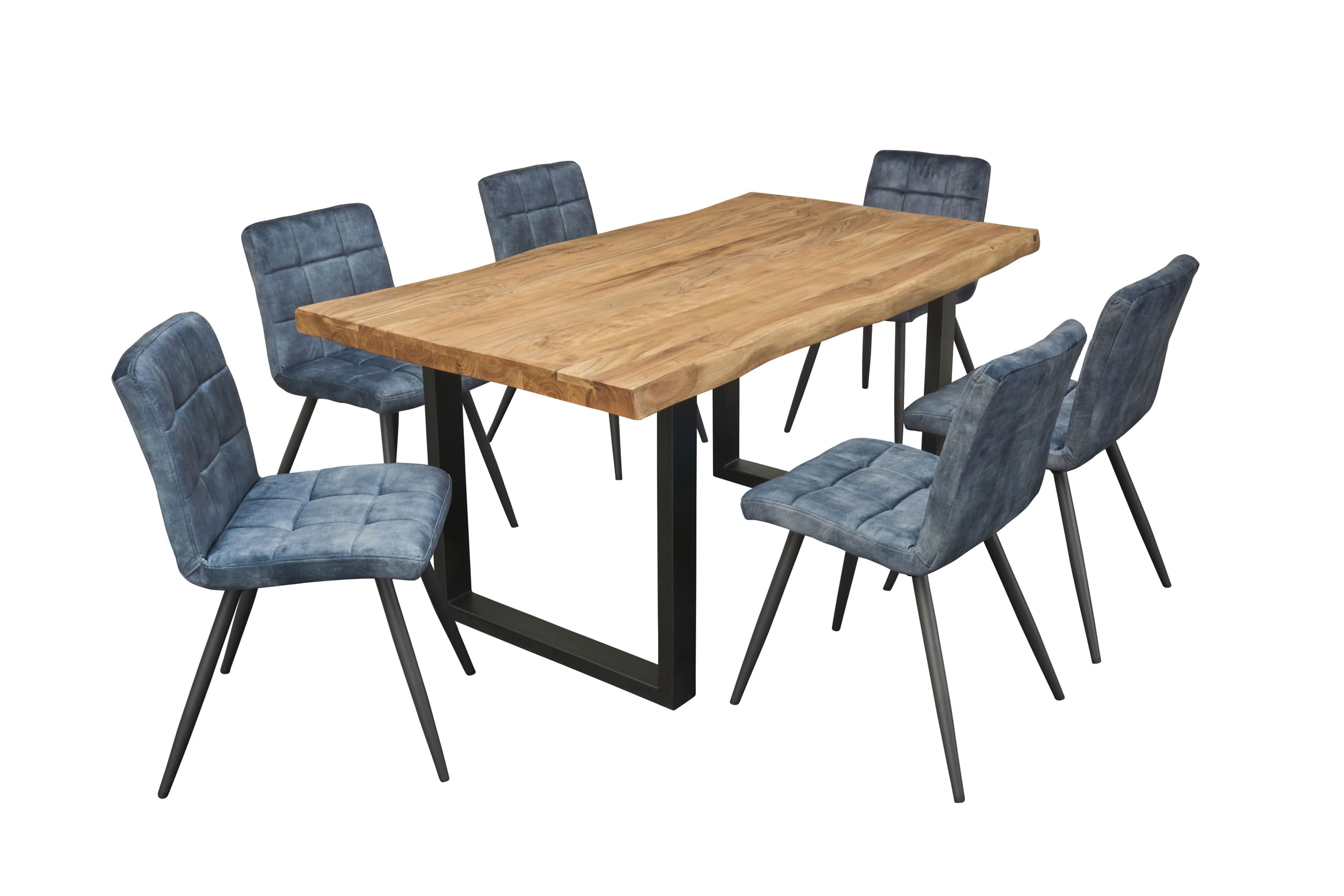 LC Home Essgruppe Moderner 7tlg. Esstisch Akazie U-Gestell 180cm + 6x Esszimmerstuhl Samt Blau