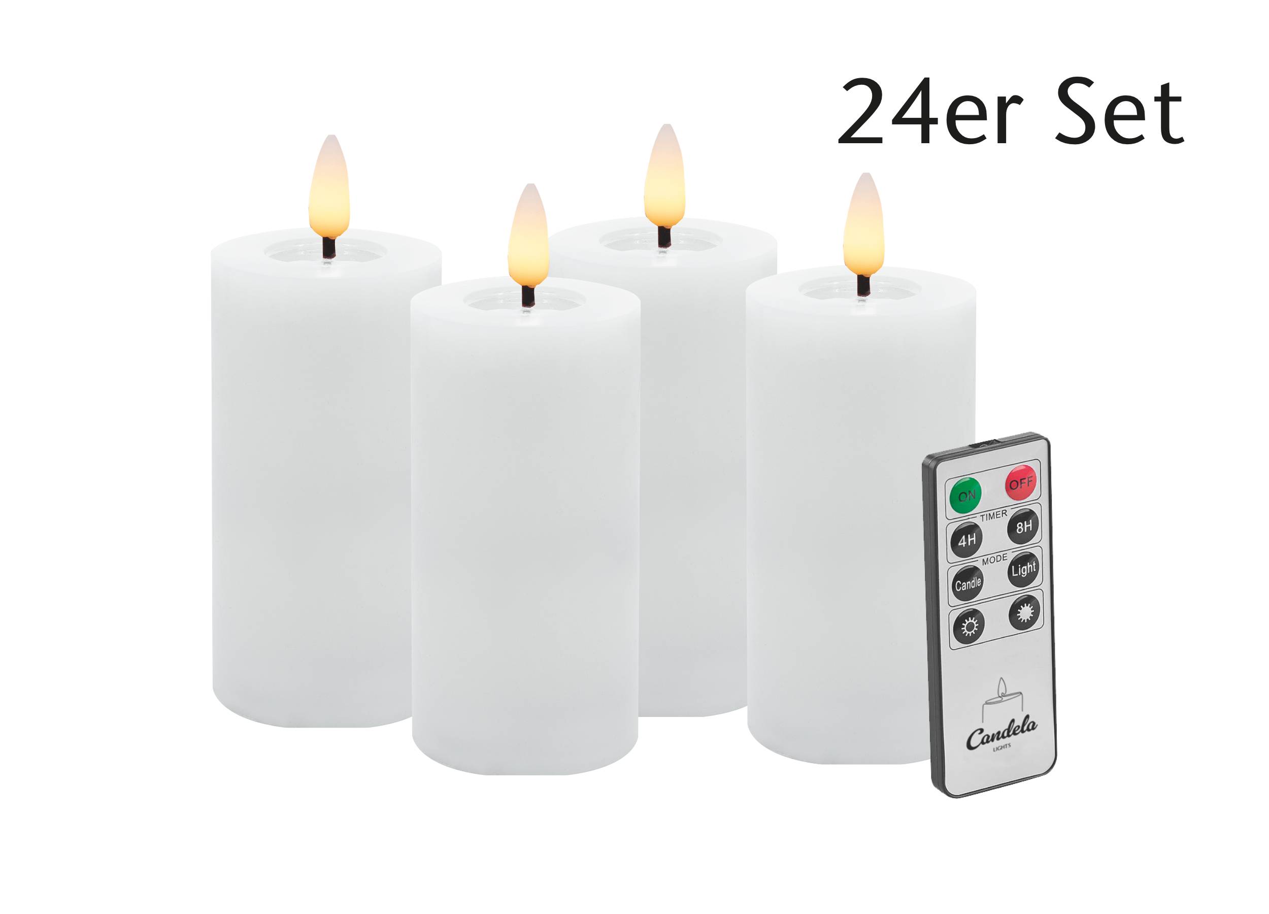 Candela LED Kerzen 24er Set H:10xØ5cm Winter weiß glatt Echtwachs mit Fernbedienung Timer Funktion & mehrstufig dimmbar flammenlos Echtwachskerzen Stumpenkerze
