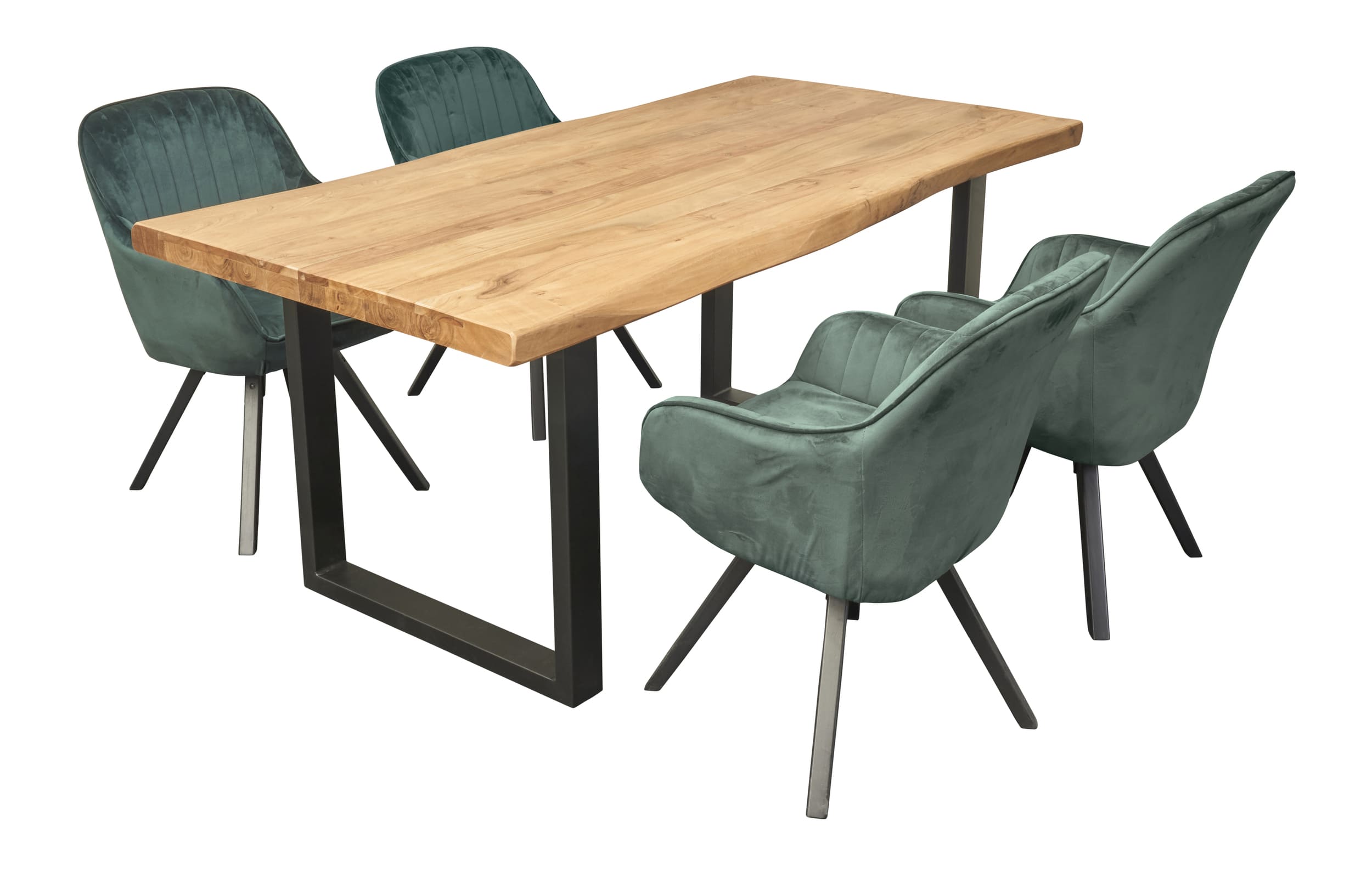 LC Home Essgruppe Trevina 5tlg. Esstisch Akazie U-Gestell 180cm + 4x Esszimmerstuhl Samt Grün