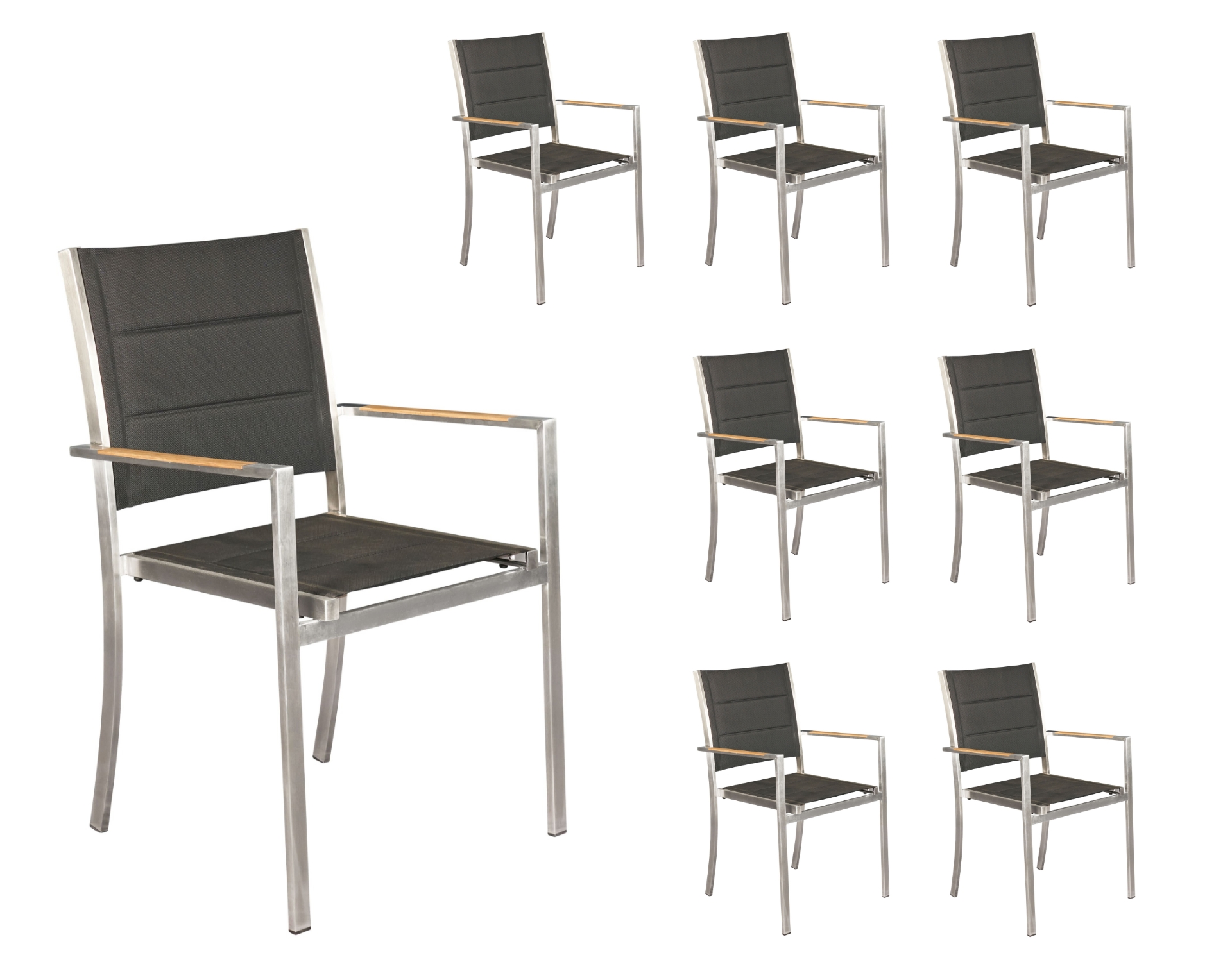 LC Garden 8er Set »Steelado« Stapelstuhl Textilen Edelstahl/schwarz Armlehnstuhl Teakholz Gartenstuhl