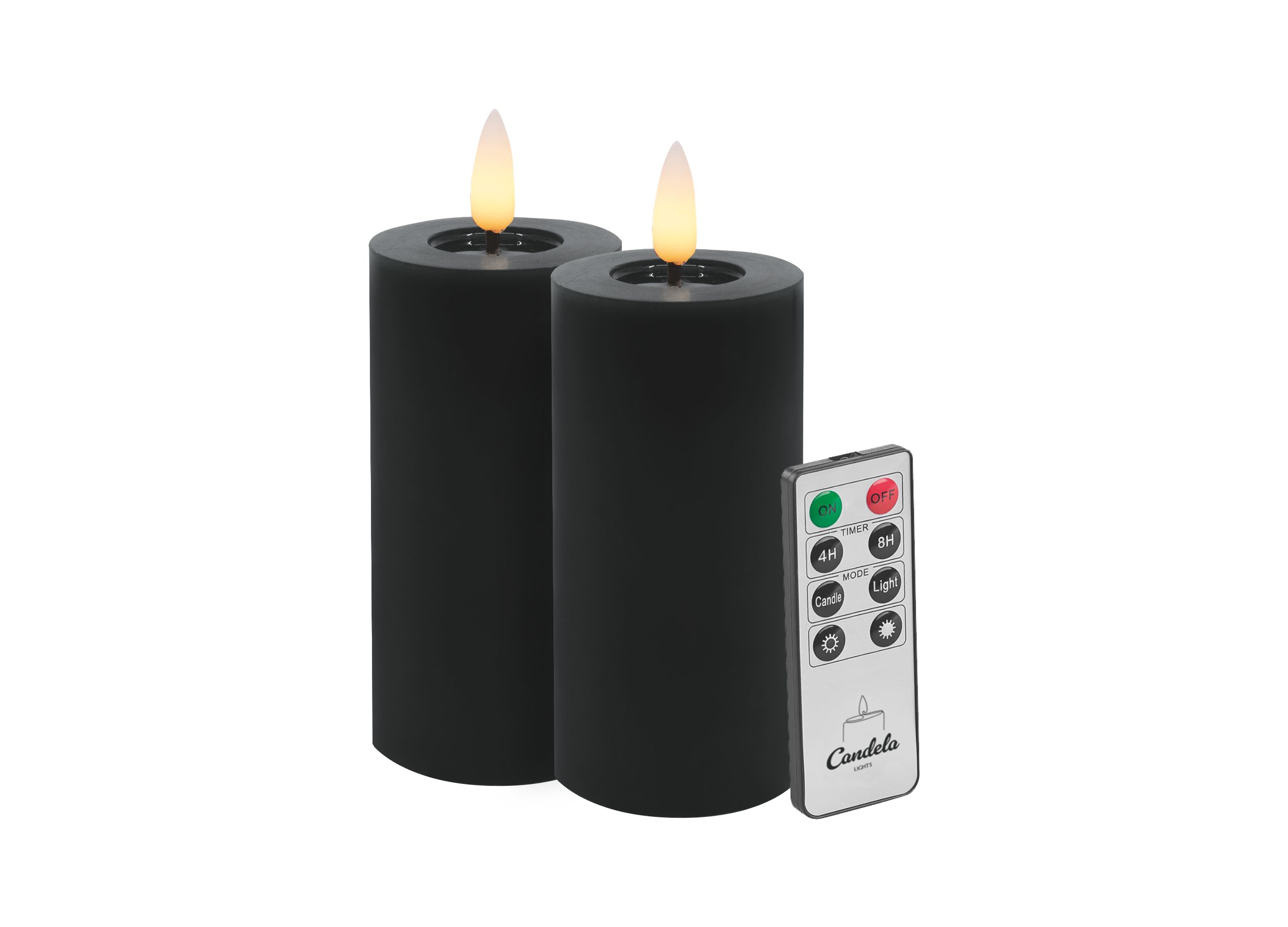 Candela LED Kerzen 2er Set H:10xØ5cm Winter schwarz glatt Echtwachs mit Fernbedienung Timer Funktion & mehrstufig dimmbar flammenlos Echtwachskerzen Stumpenkerze