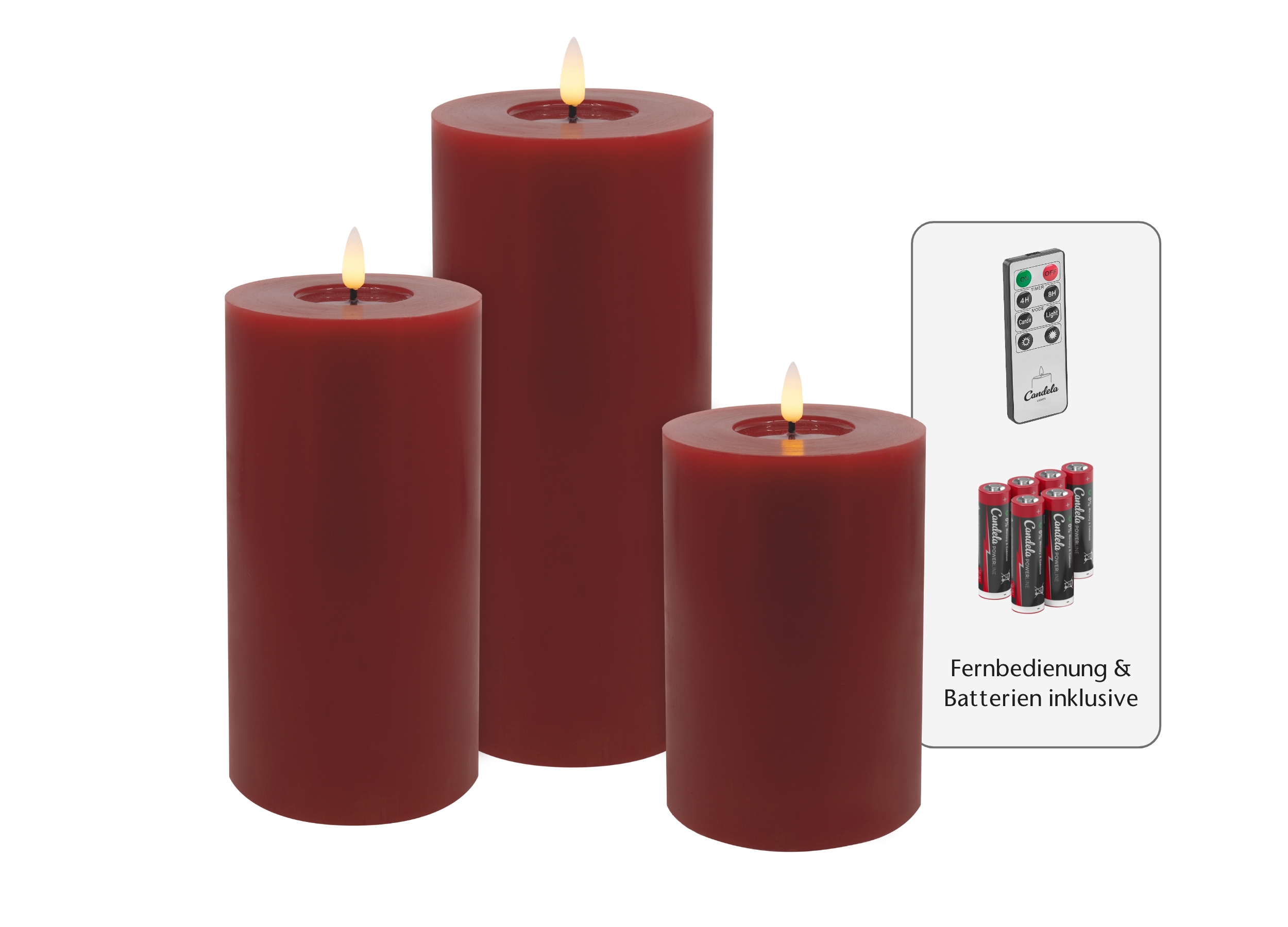 Candela Lights LED Kerzen 3er Set Stumpenkerze rot Echtwachs mit Fernbedienung Timer Funktion & mehrstufig dimmbar bewegliche Flamme Echtwachskerzen