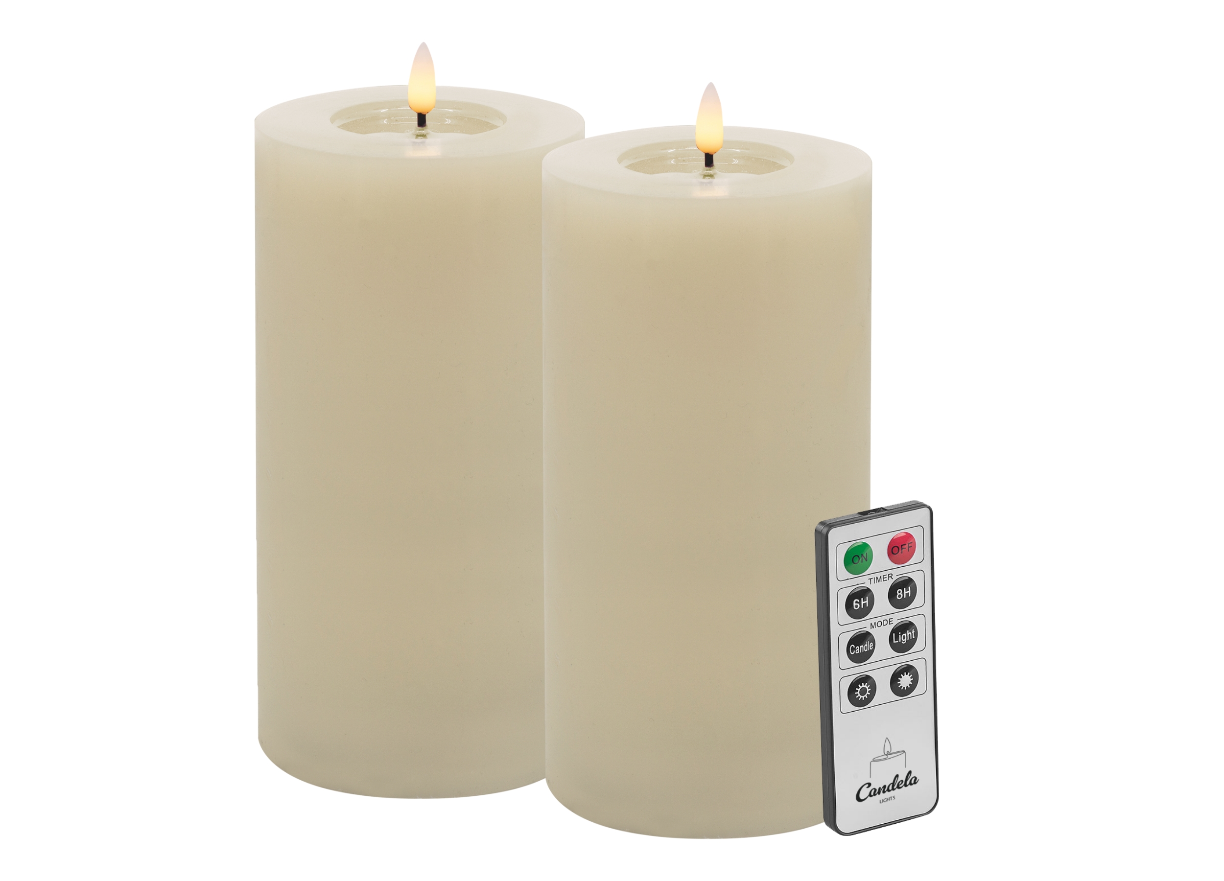 Candela LED Kerzen 2er Set H:20xØ10cm Winter creme glatt Echtwachs mit Fernbedienung Timer Funktion & mehrstufig dimmbar flammenlos Echtwachskerzen Stumpenkerze