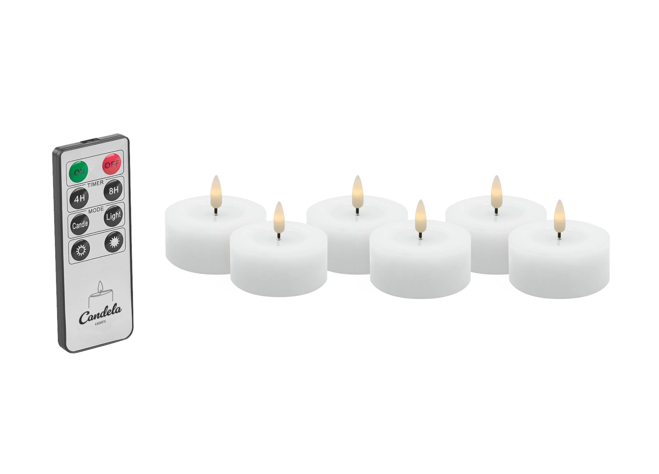 Candela Lights LED Kerzen 6er Set Ø6,8cm Winter weiß glatt Echtwachs Teelicht mit Fernbedienung & Timerfunktion Flammenlose flackernde LED-Kerze mehrstufig dimmbar