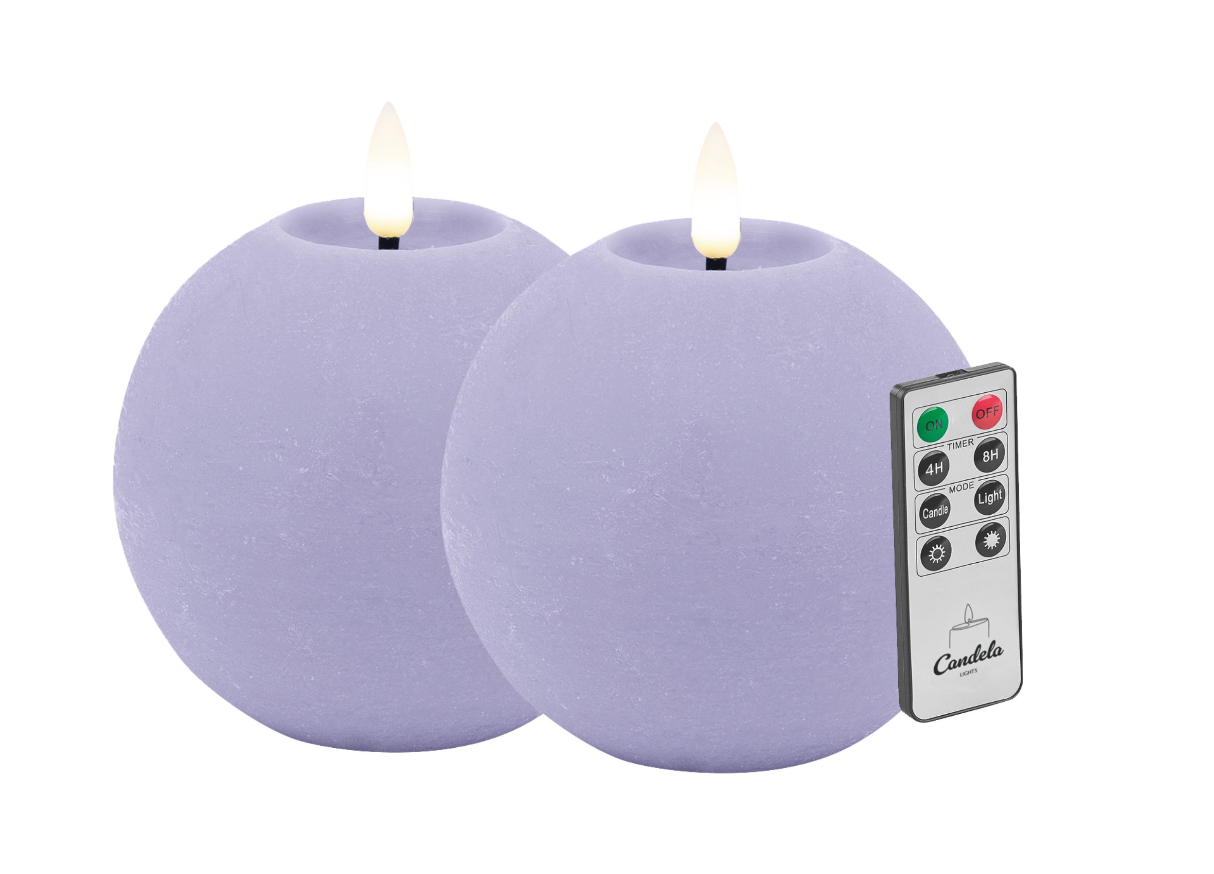 Candela LED Kerzen 2er Set H:8xØ10cm Summer Purple rustic Echtwachs mit Fernbedienung Timer Funktion & mehrstufig dimmbar flammenlos Echtwachskerzen Kugelkerze