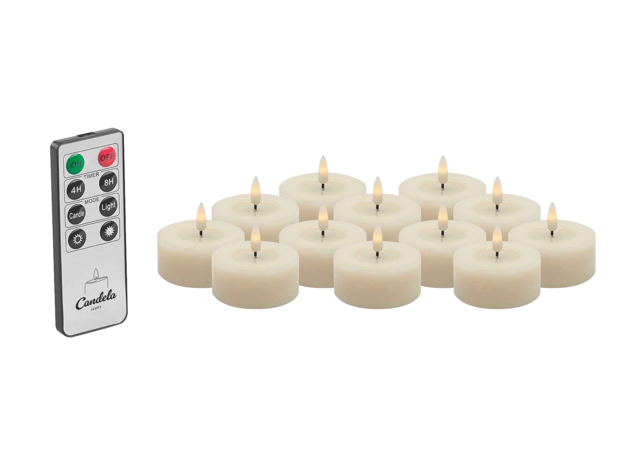 Candela Lights LED Kerzen 12er Set Ø6,8cm Winter creme glatt Echtwachs Teelicht mit Fernbedienung & Timerfunktion Flammenlose flackernde LED-Kerze mehrstufig dimmbar