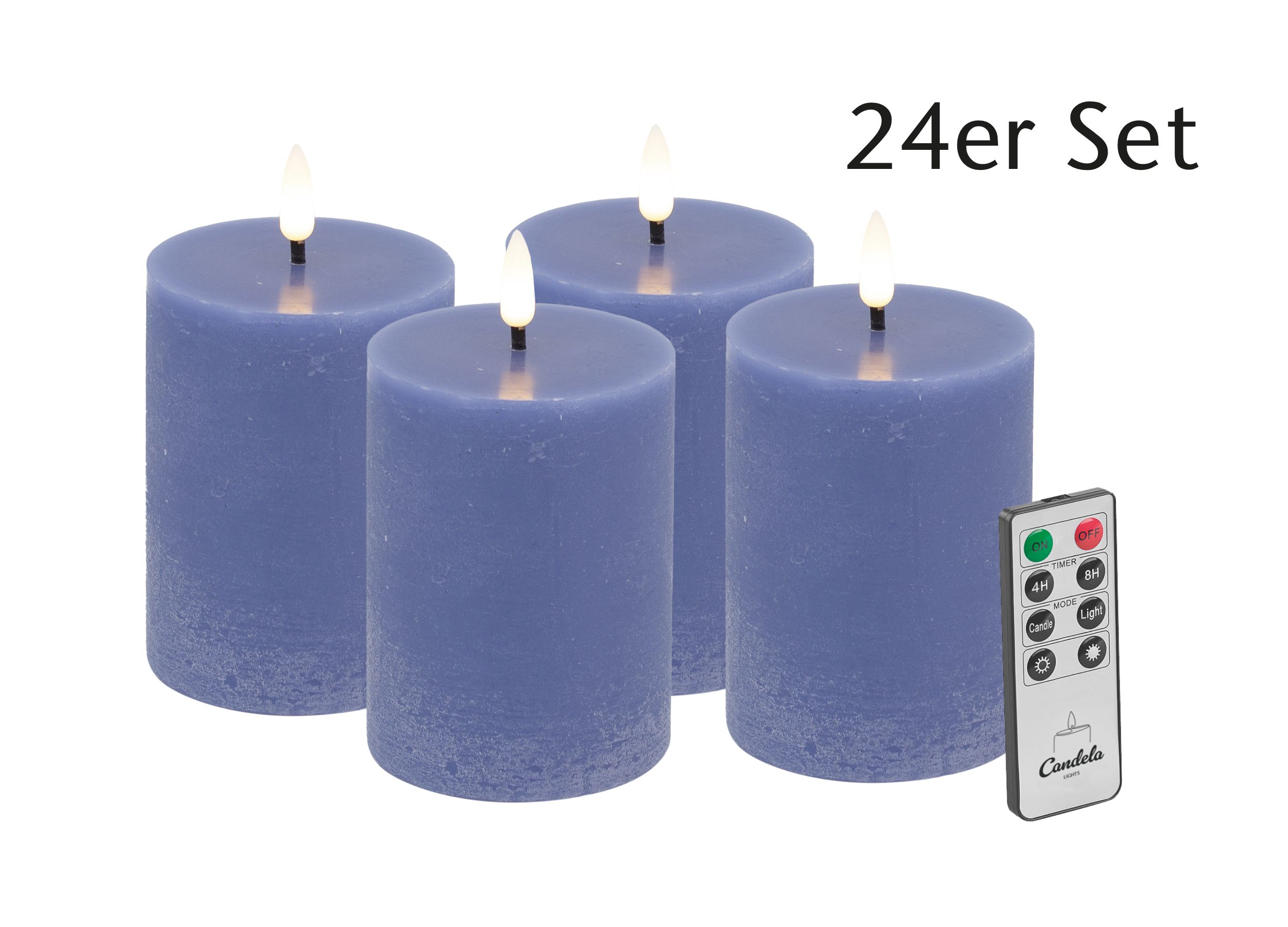Candela LED Kerzen 24er Set H:10xØ7,5cm blau rustic Echtwachs mit Fernbedienung Timer Funktion & mehrstufig dimmbar flammenlos Echtwachskerzen Stumpenkerze