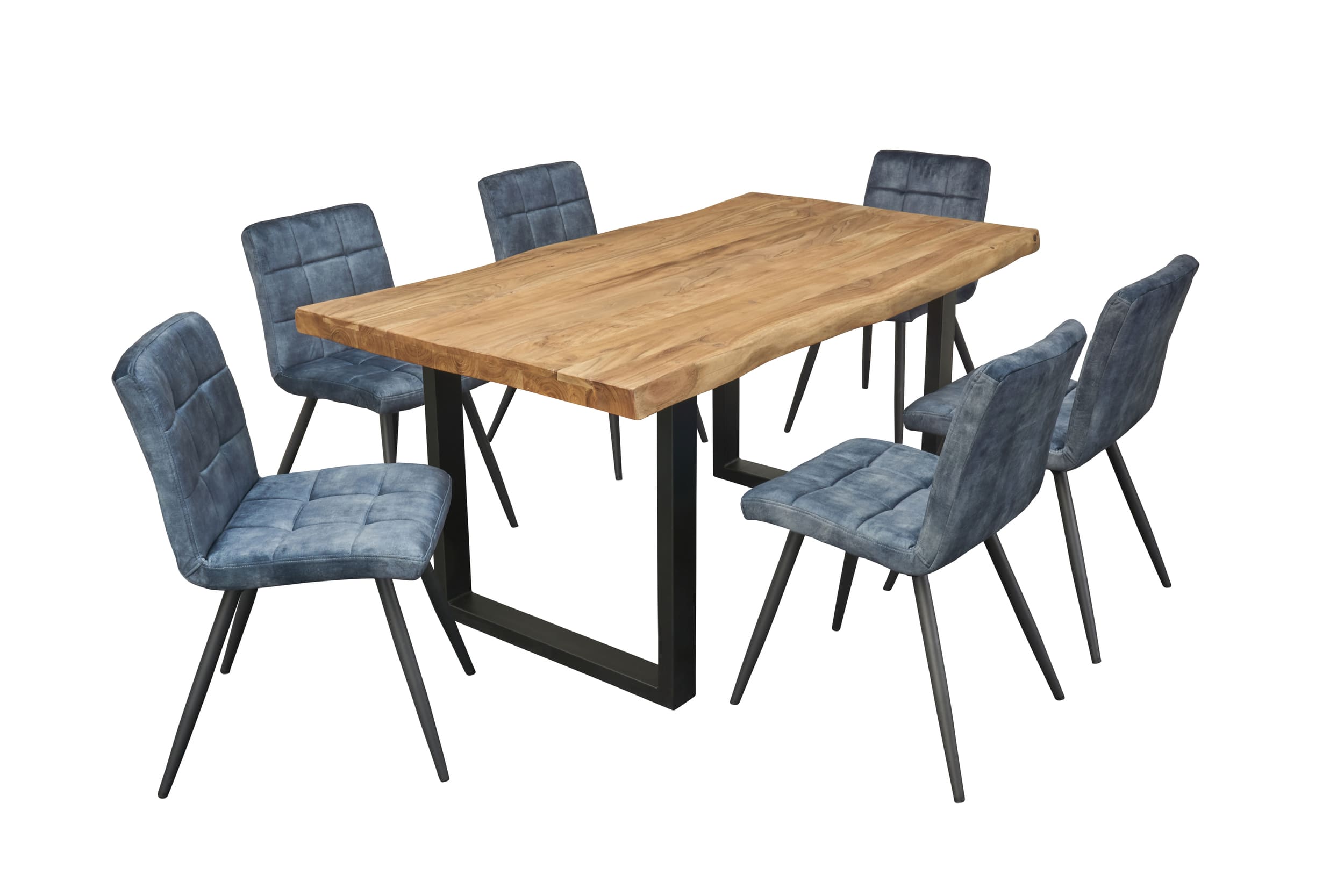 LC Home Essgruppe 7tlg. Esstisch Akazie U-Getsell 180cm + 6x Esszimmerstuhl Samtbezug blau