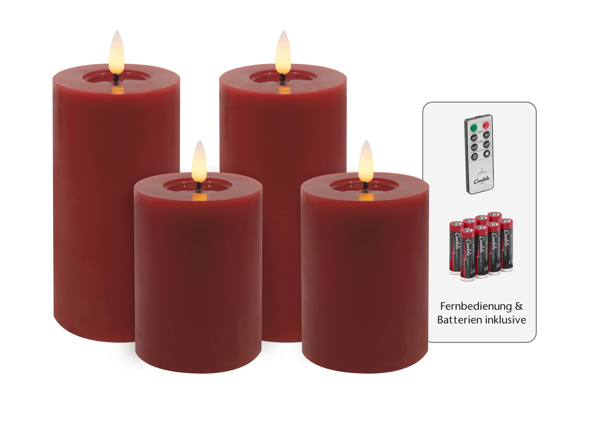 Candela Lights LED Kerzen 4er Set Winter Rot glatt Echtwachs inklusive Fernbedienung und 8 Batterien Timer Funktion & mehrstufig dimmbar flammenlos Echtwachskerzen Stumpenkerzen