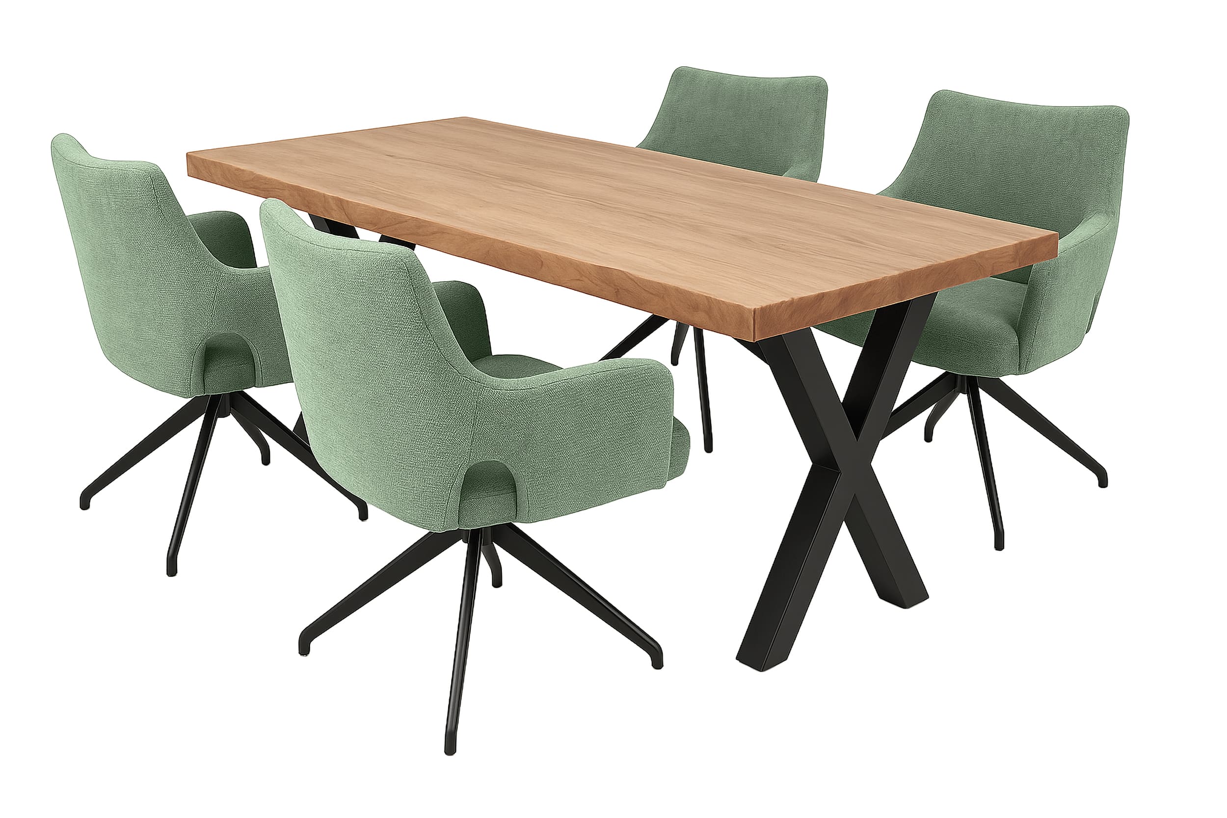 LC Home Essgruppe Livrono 5tlg. Esstisch Akazie X-Gestell 160x90cm + 4 Esszimmerstühle Livrono Grün