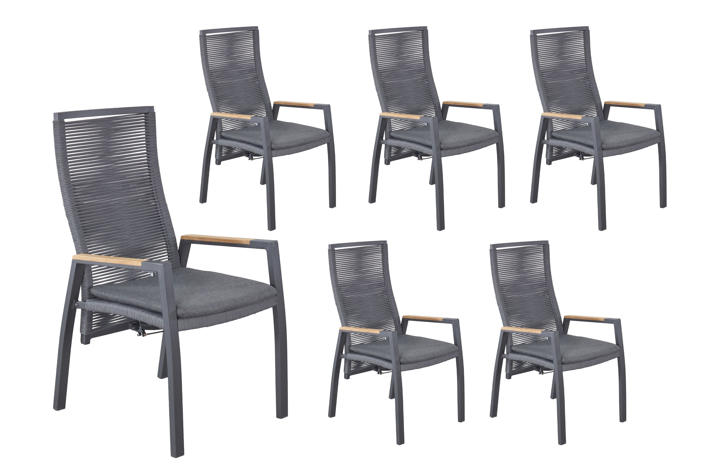 LC Garden 6er Set »Diwo« Gartenstuhl anthrazit/grau Aluminium/Rope & Teak-Armlehne Positionsstuhl mit Sitzkissen aus Sunbrella® Stoff