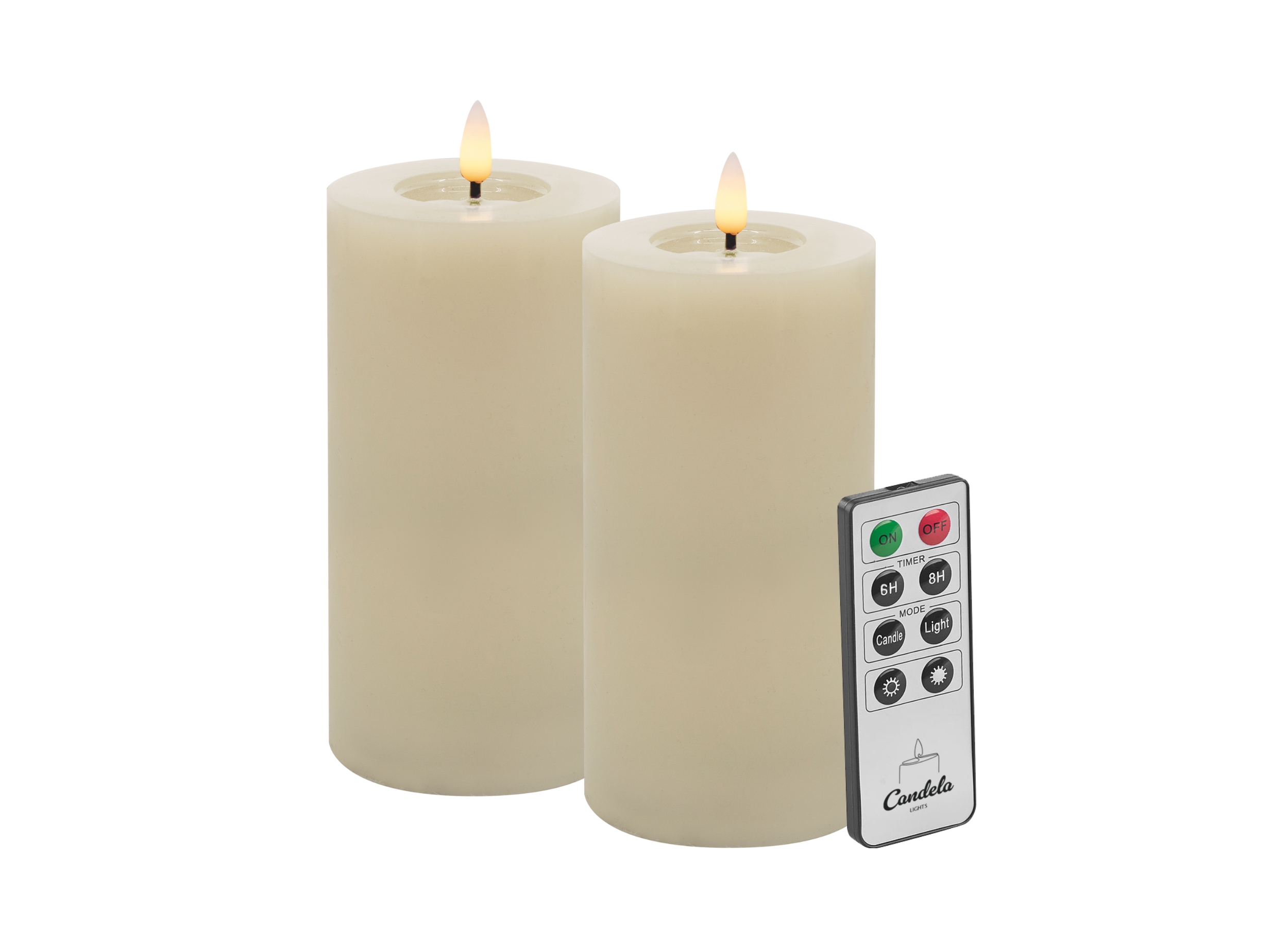Candela LED Kerzen 2er Set H:15xØ7,5cm Winter creme glatt Echtwachs mit Fernbedienung Timer Funktion & mehrstufig dimmbar flammenlos Echtwachskerzen Stumpenkerze