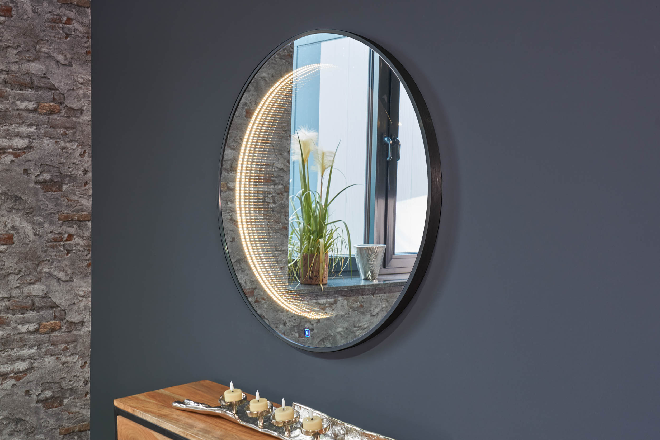 LC Home Infinity Wandspiegel schwarz Ø80cm Schminkspiegel mit LED-Beleuchtung Flurspiegel Badezimmerspiegel Aluminiumrahmen Unendlichkeitsspiegel