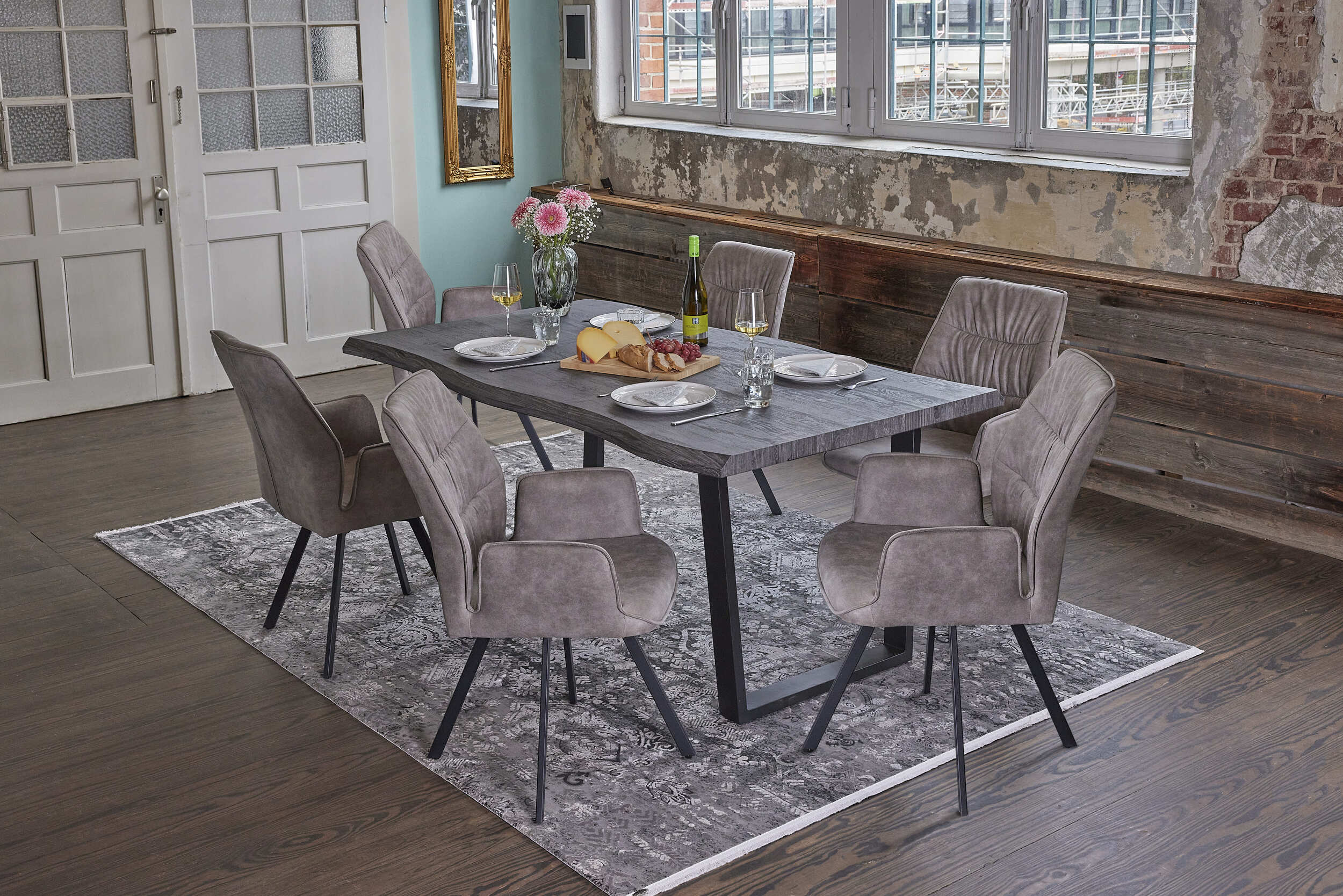LC Home »Macau« Dining Set VI Sitzgruppe Lederoptik grau