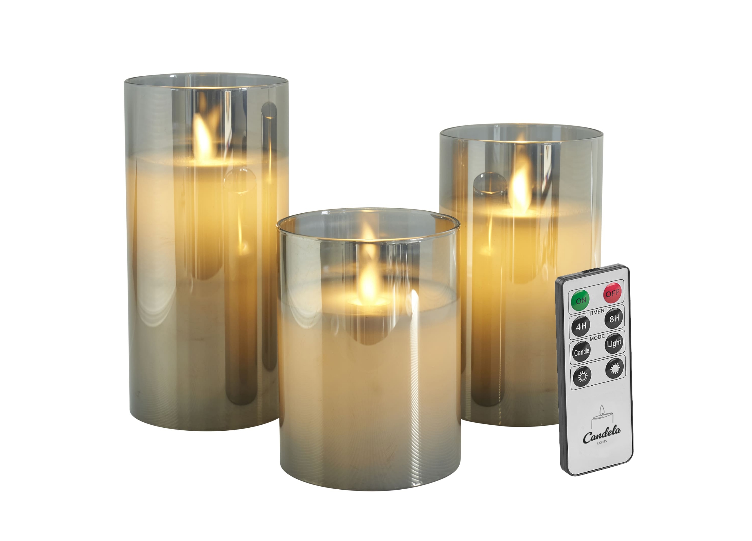 Candela Lights LED Kerzenglas 3er Set Grau Echtwachs inkl. Glas mit Fernbedienung Timer Funktion & mehrstufig dimmbar bewegliche Flamme Echtwachskerzen