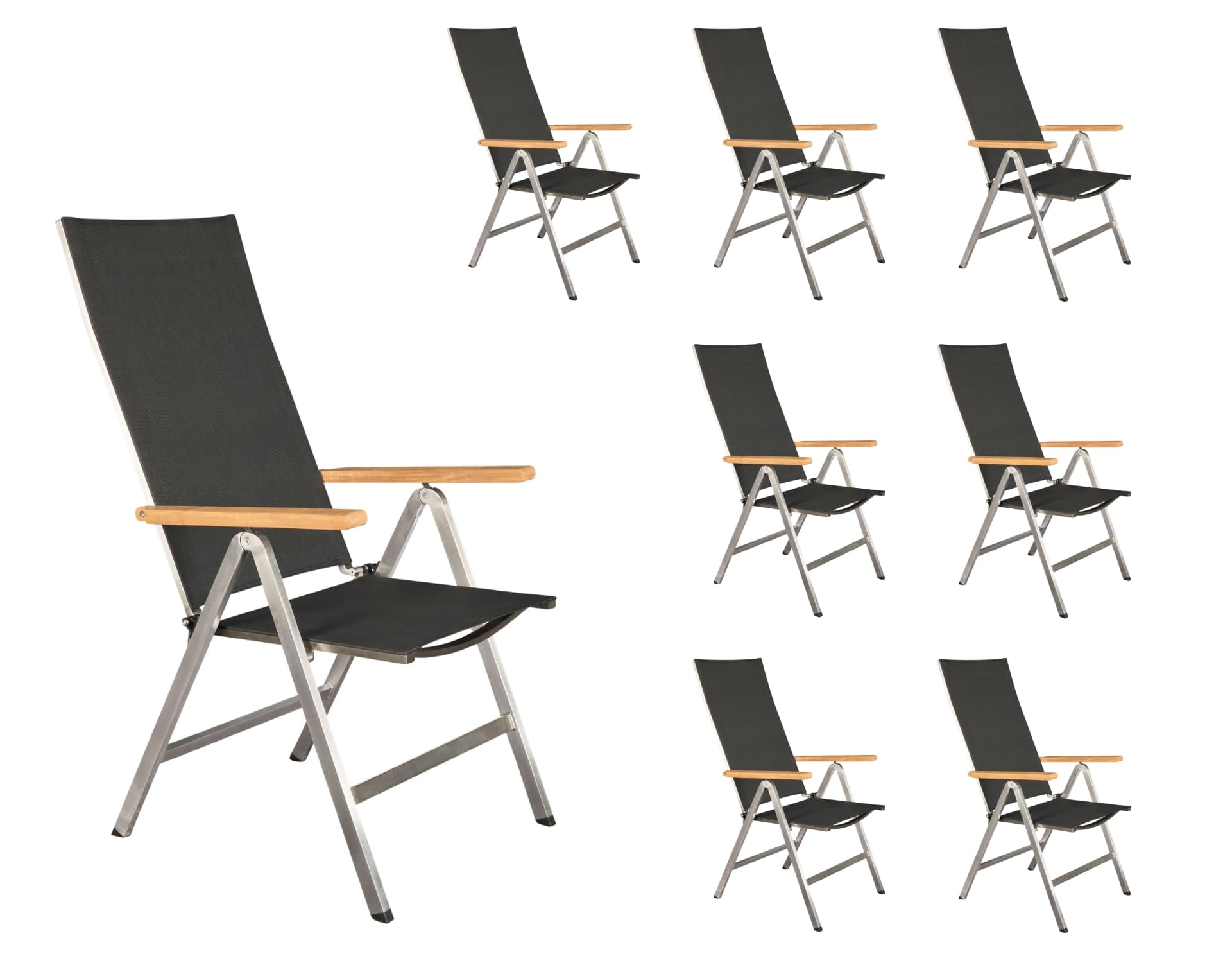 LC Garden 8er Set »Steelado« Klappsessel Textilen Edelstahl/schwarz Klappstuhl Teakholz Gartenstuhl