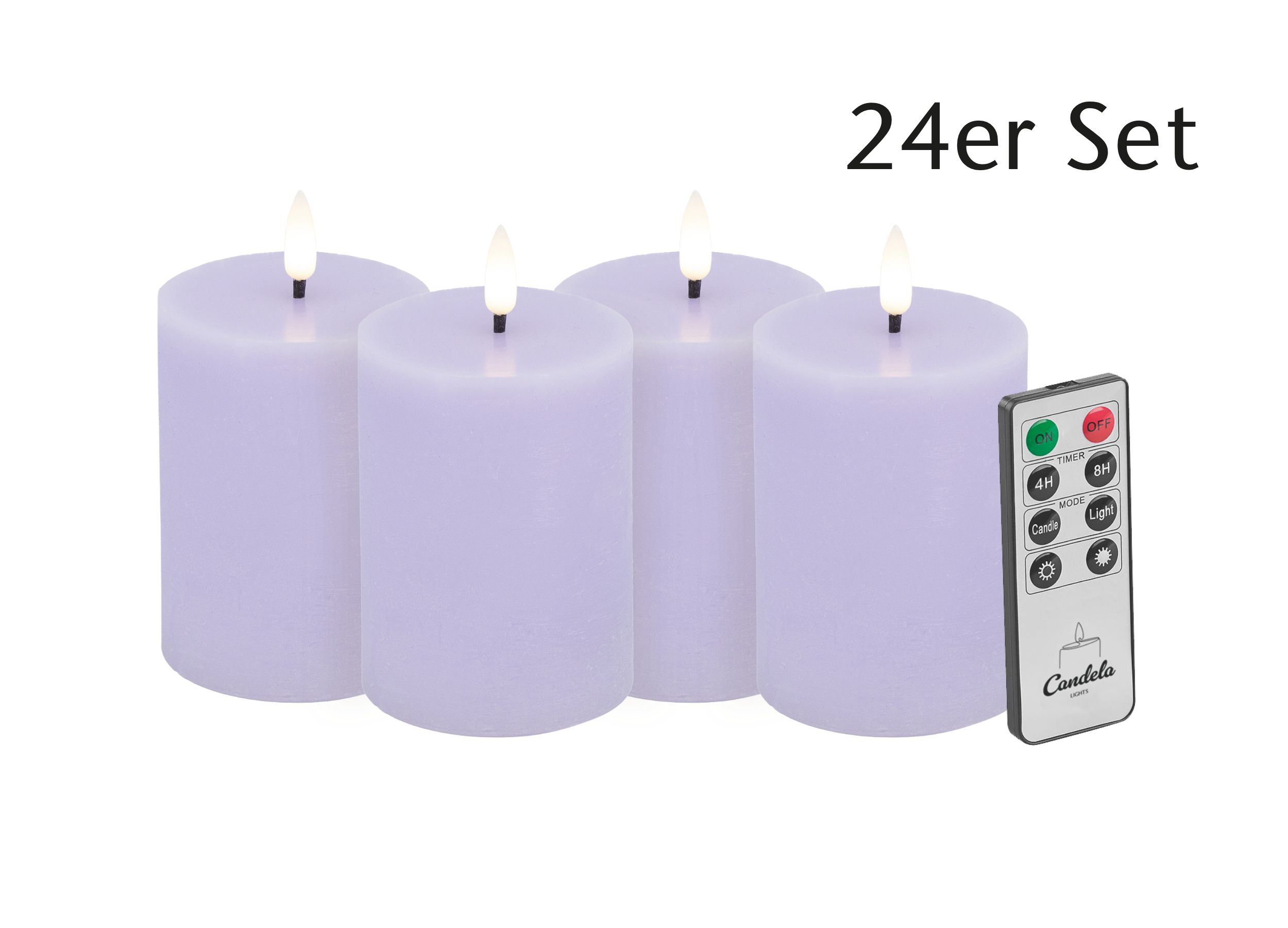 Candela LED Kerzen 24er Set H:10xØ7,5cm Summer Purple rustic Echtwachs mit Fernbedienung Timer Funktion & mehrstufig dimmbar flammenlos Echtwachskerzen Stumpenkerze