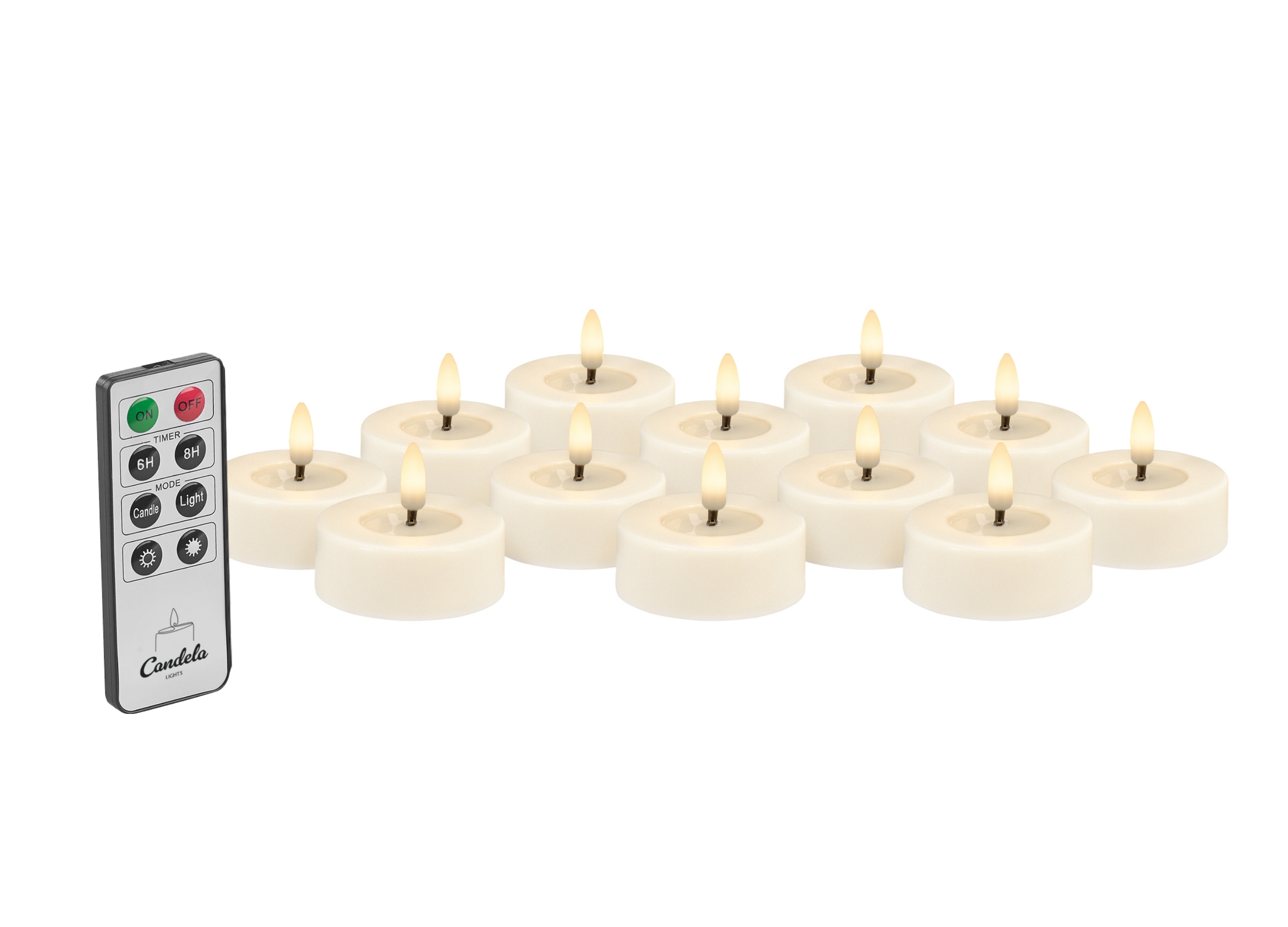 Candela Lights LED Kerzen 12er Set Ø6,8cm creme Teelicht mit Fernbedienung & Timerfunktion Flammenlose flackernde LED-Kerze mehrstufig dimmbar