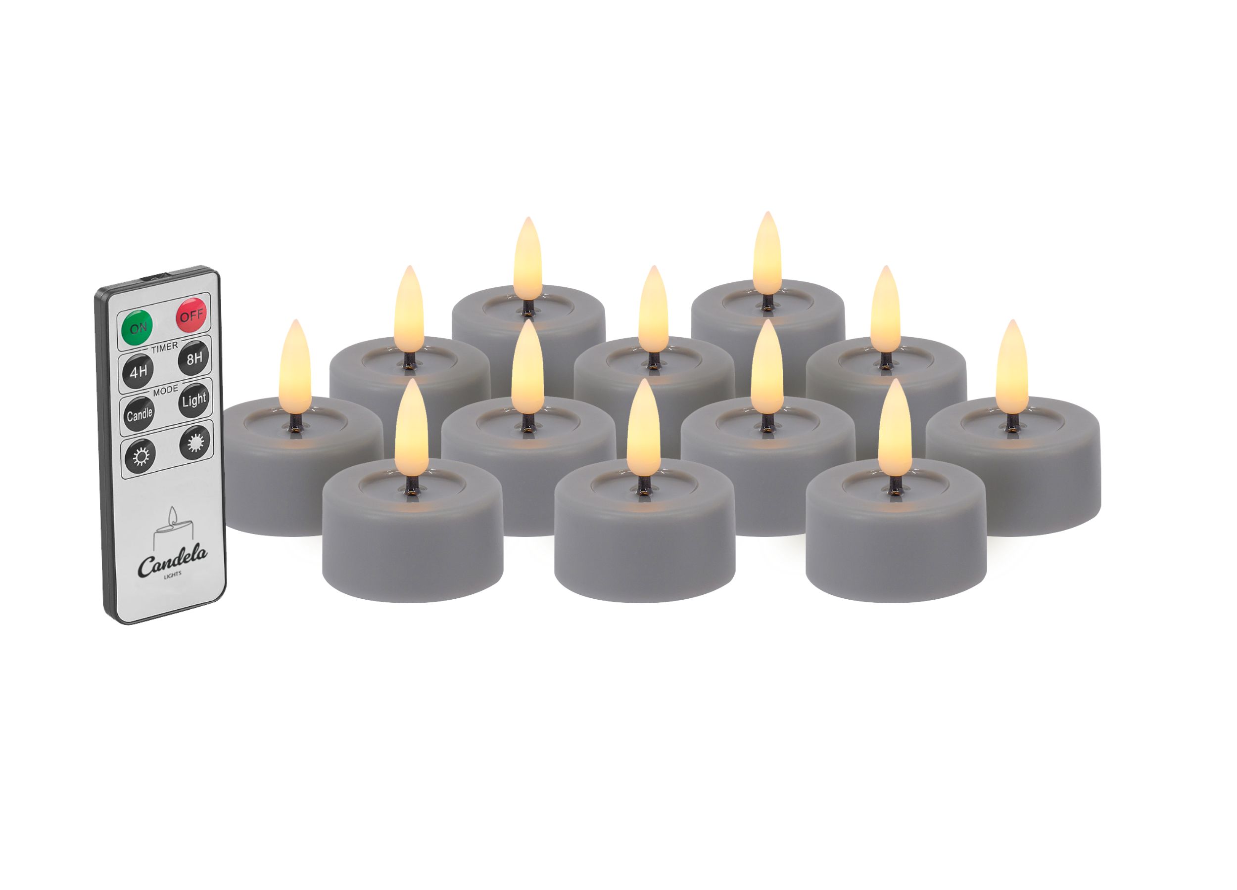 Candela Lights LED Teelicht 12er Set Ø4,5cm rustic grau mit Fernbedienung Timer Funktion & mehrstufig dimmbar flammenlos Teelicht