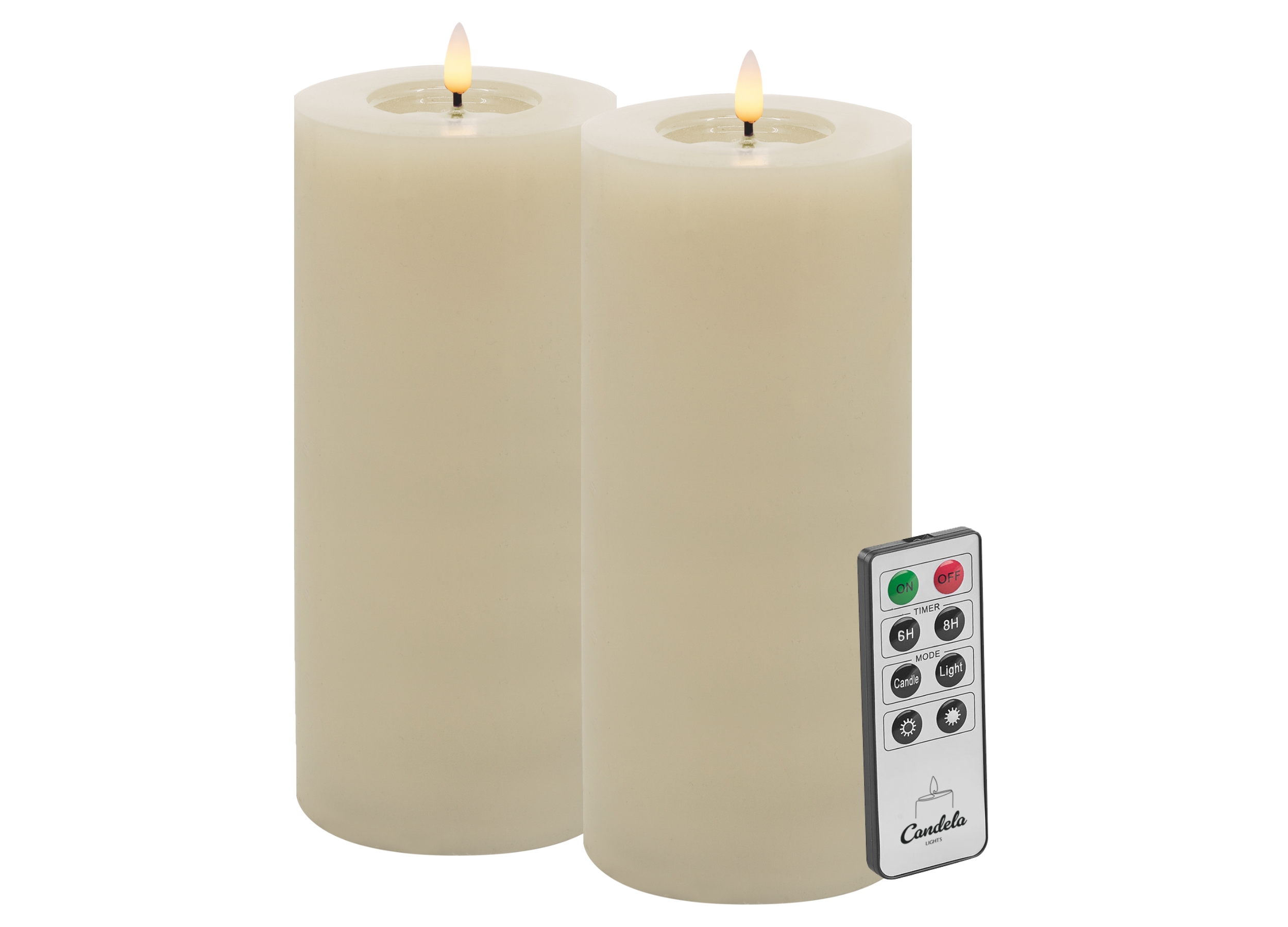 Candela LED Kerzen 2er Set H:25xØ10cm Winter creme glatt Echtwachs mit Fernbedienung Timer Funktion & mehrstufig dimmbar flammenlos Echtwachskerzen Stumpenkerze