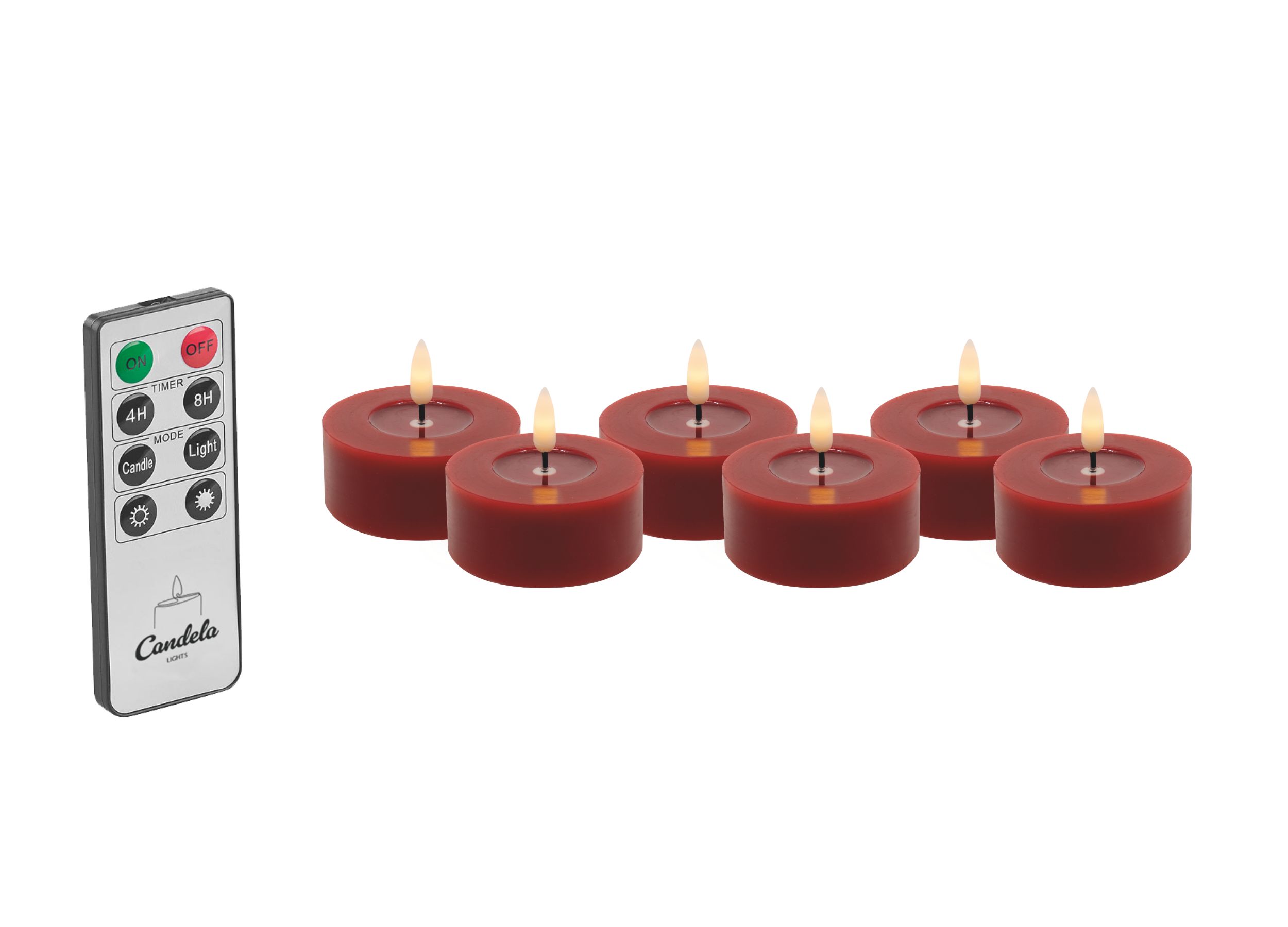 Candela Lights LED Kerzen 6er Set Ø6,8cm Winter rot glatt Echtwachs Teelicht mit Fernbedienung & Timerfunktion Flammenlose flackernde LED-Kerze mehrstufig dimmbar