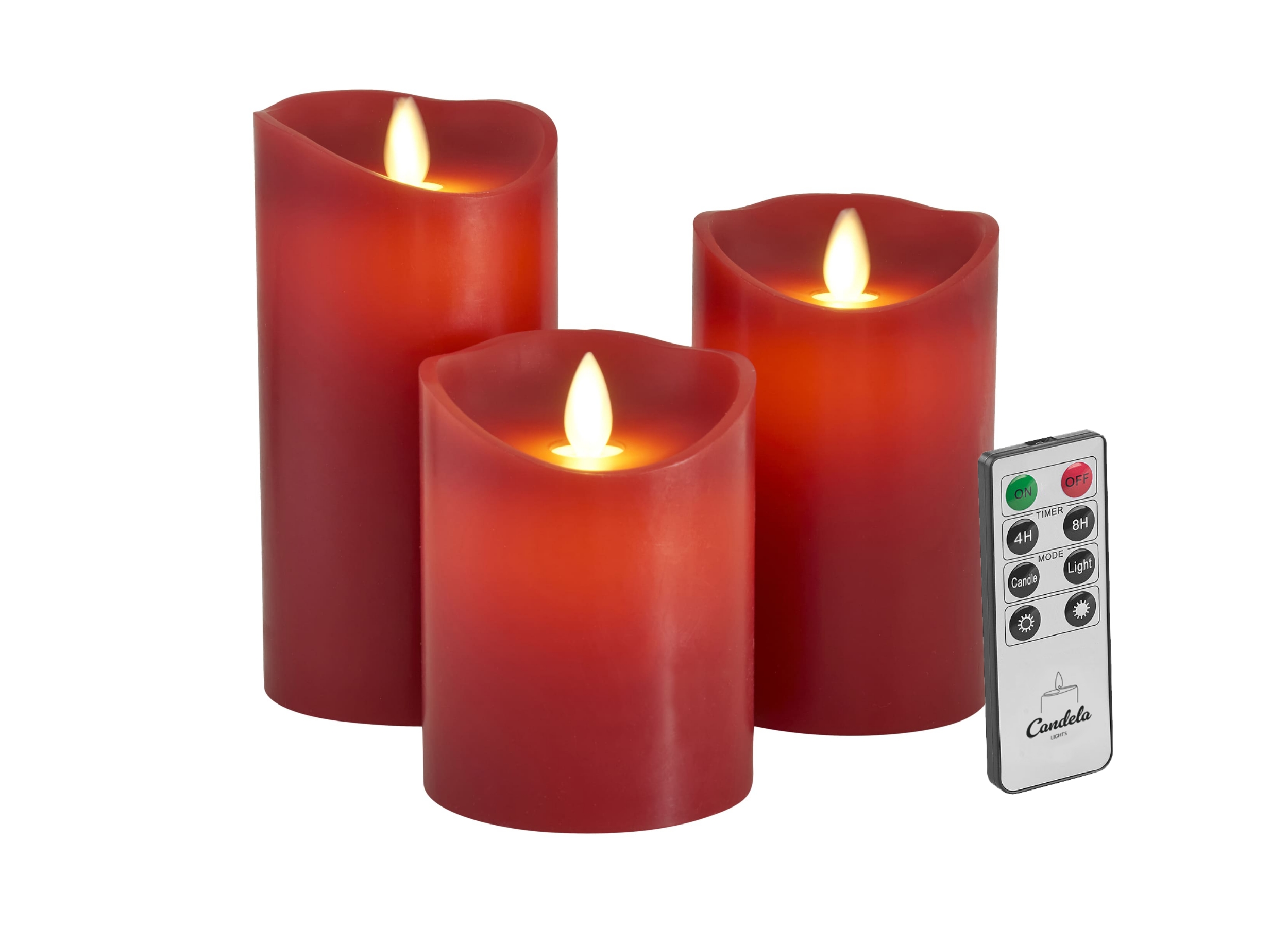 Candela Lights LED Kerzen 3er Set Stumpenkerze rot Echtwachs mit Fernbedienung Timer Funktion & mehrstufig dimmbar bewegliche Flamme Echtwachskerzen