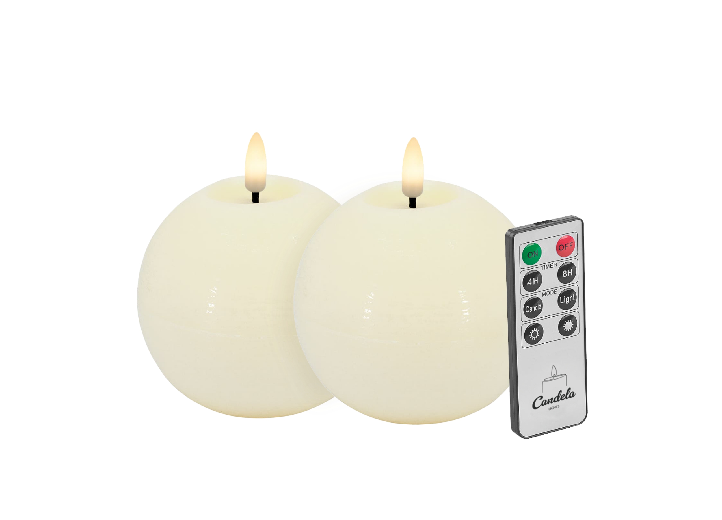Candela Lights LED Kugelkerzen 2er Set Echtwachs creme rustic H:7xØ8cm Flammeneffekt & feste Flamme mit Fernbedienung Timer Funktion & mehrstufig dimmbar Echtwachskerzen