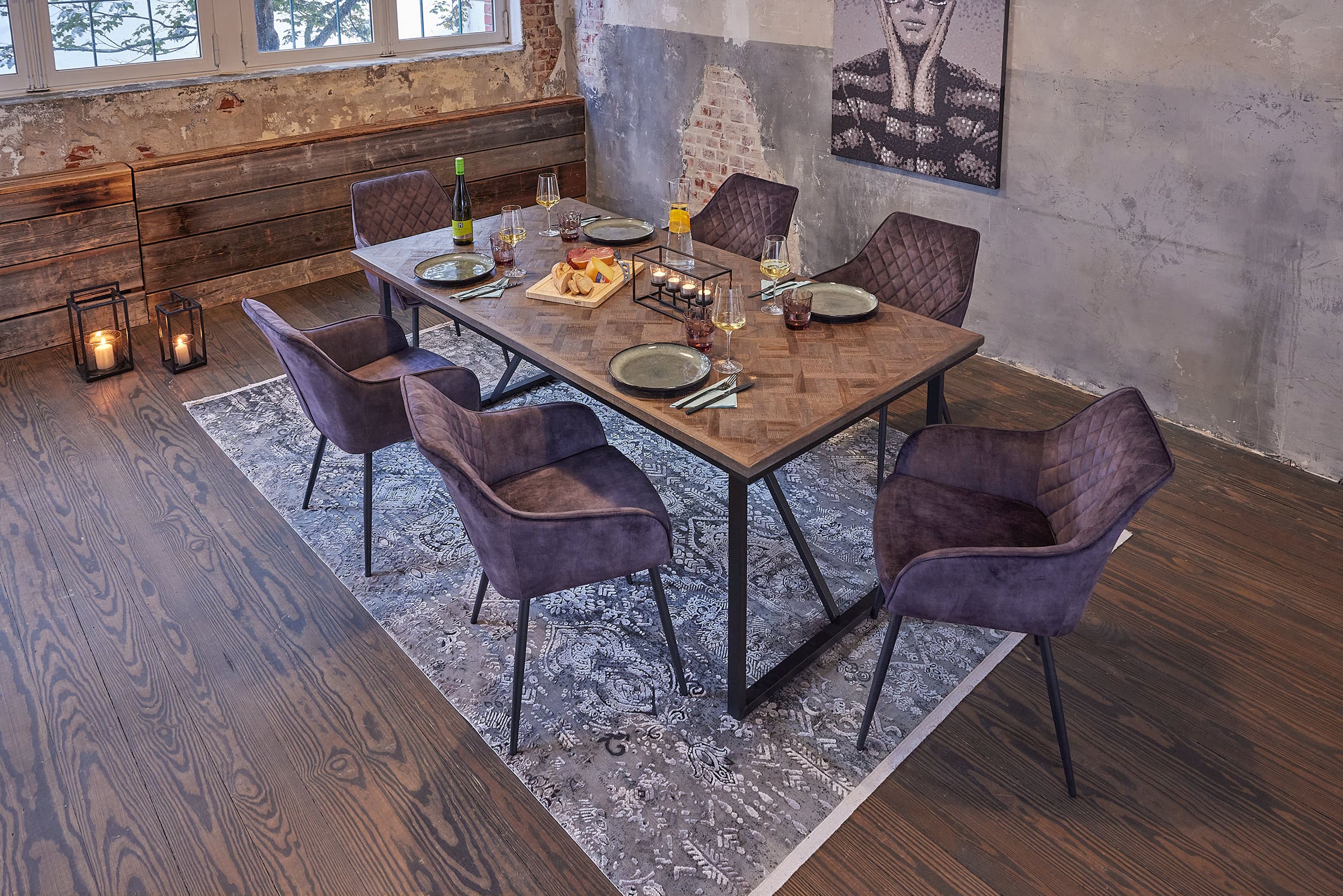 LC Home »Pisa« Dining Set III Teak Holz recycelt Sitzgruppe Natur Samt Schwarz