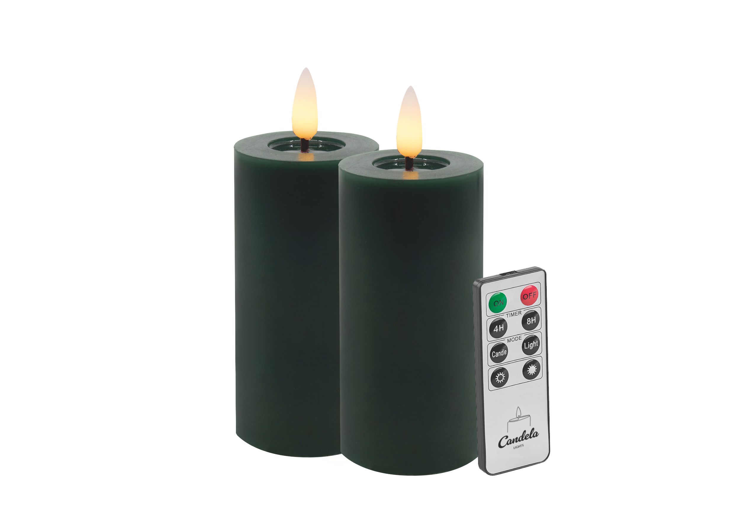 Candela LED Kerzen 2er Set H:10xØ5cm Winter grün glatt Echtwachs mit Fernbedienung Timer Funktion & mehrstufig dimmbar flammenlos Echtwachskerzen Stumpenkerze