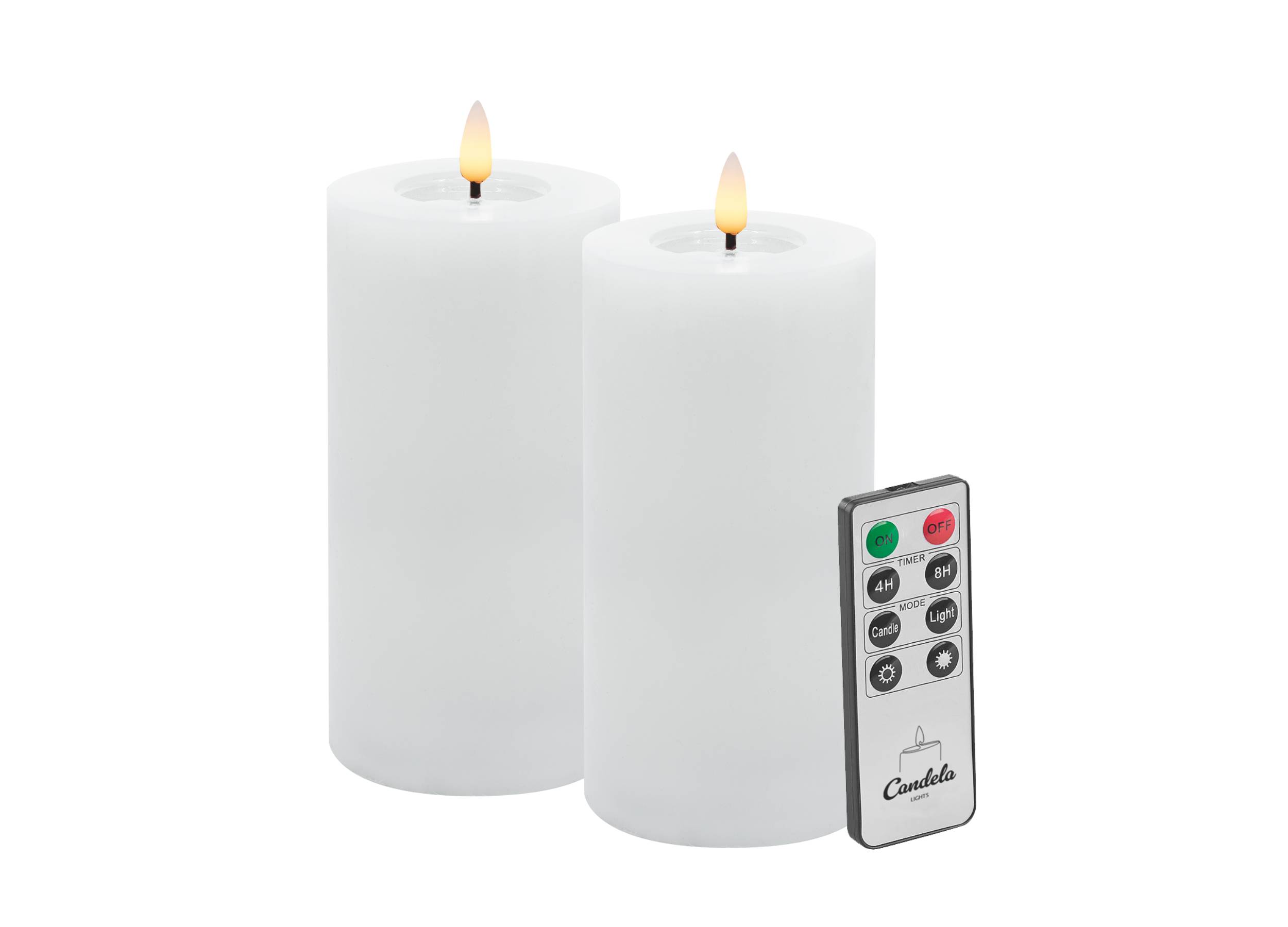 Candela LED Kerzen 2er Set H:15xØ7,5cm Winter weiß glatt Echtwachs mit Fernbedienung Timer Funktion & mehrstufig dimmbar flammenlos Echtwachskerzen Stumpenkerze