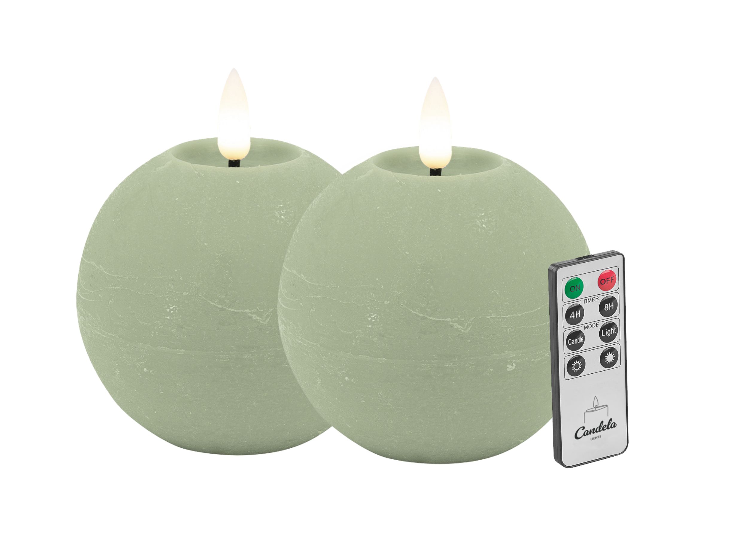 Candela LED Kerzen 2er Set H:8xØ10cm grün rustic Echtwachs mit Fernbedienung Timer Funktion & mehrstufig dimmbar flammenlos Echtwachskerzen Kugelkerze