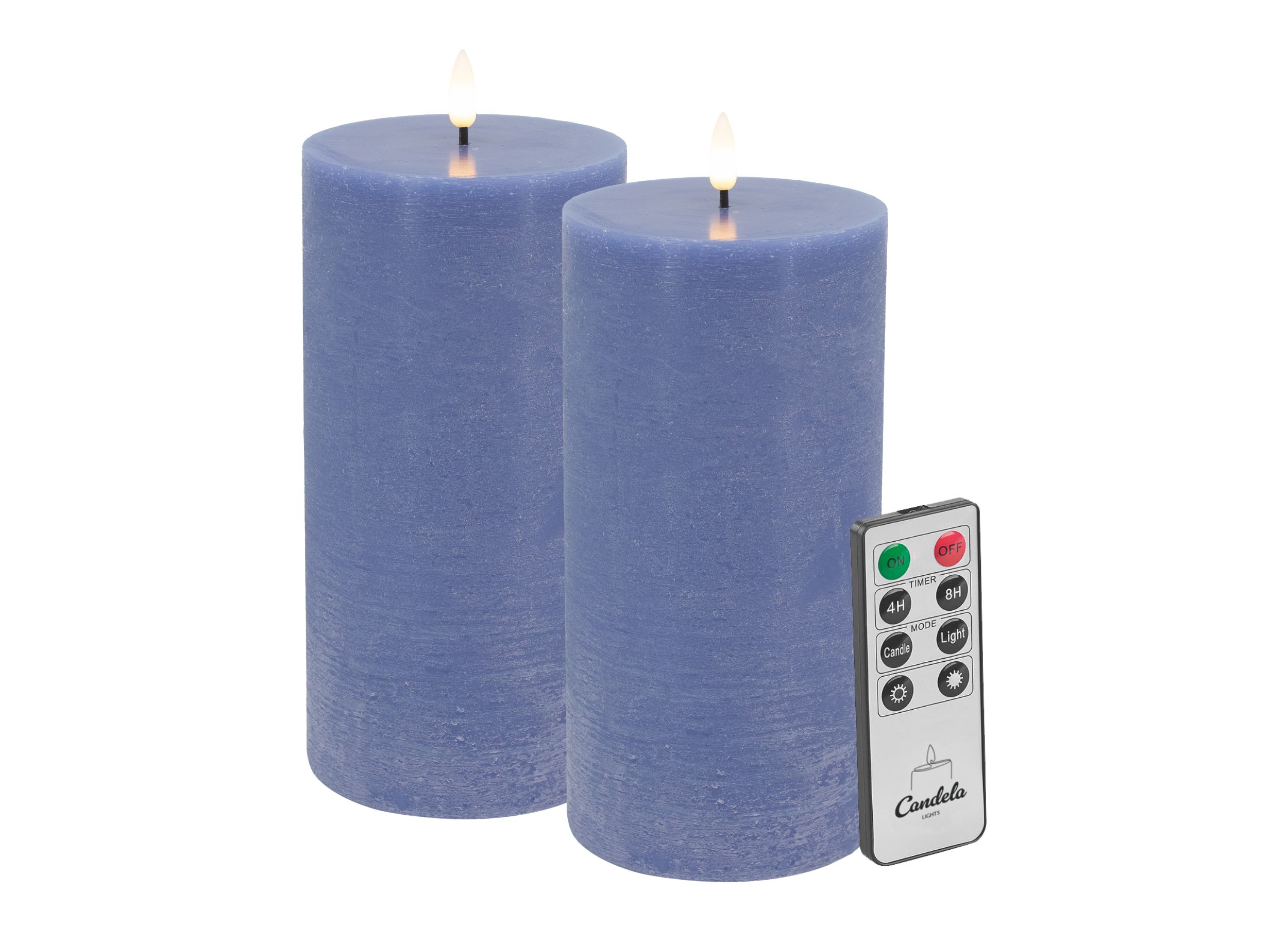 Candela Lights LED Kerzen 2er Set H:20xØ10cm blau rustic Stumpenkerze Echtwachs mit Fernbedienung & Timerfunktion Flammenlose flackernde LED-Kerze mehrstufig dimmbar