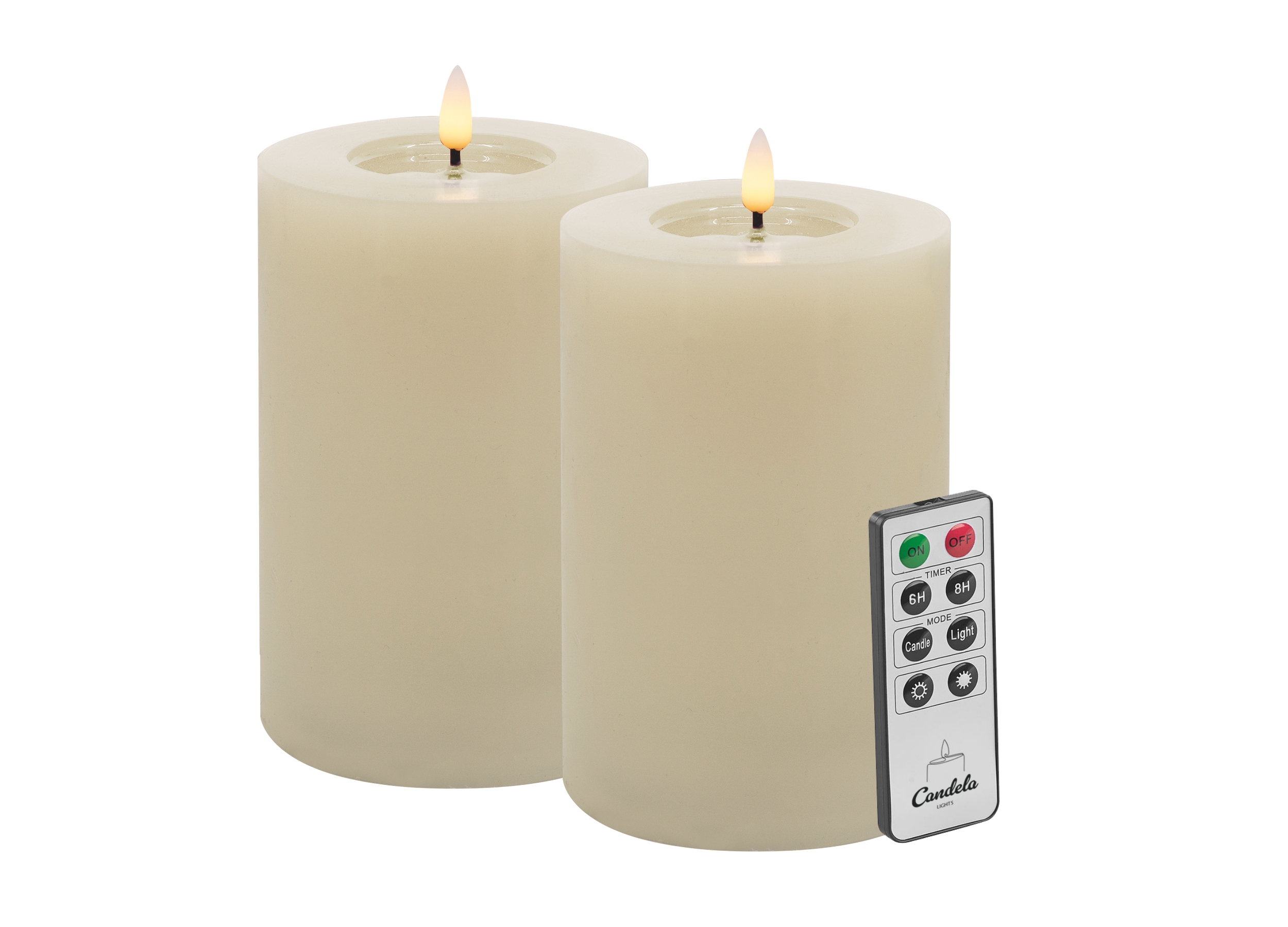 Candela LED Kerzen 2er Set H:15xØ10cm Winter creme glatt Echtwachs mit Fernbedienung Timer Funktion & mehrstufig dimmbar flammenlos Echtwachskerzen Stumpenkerze