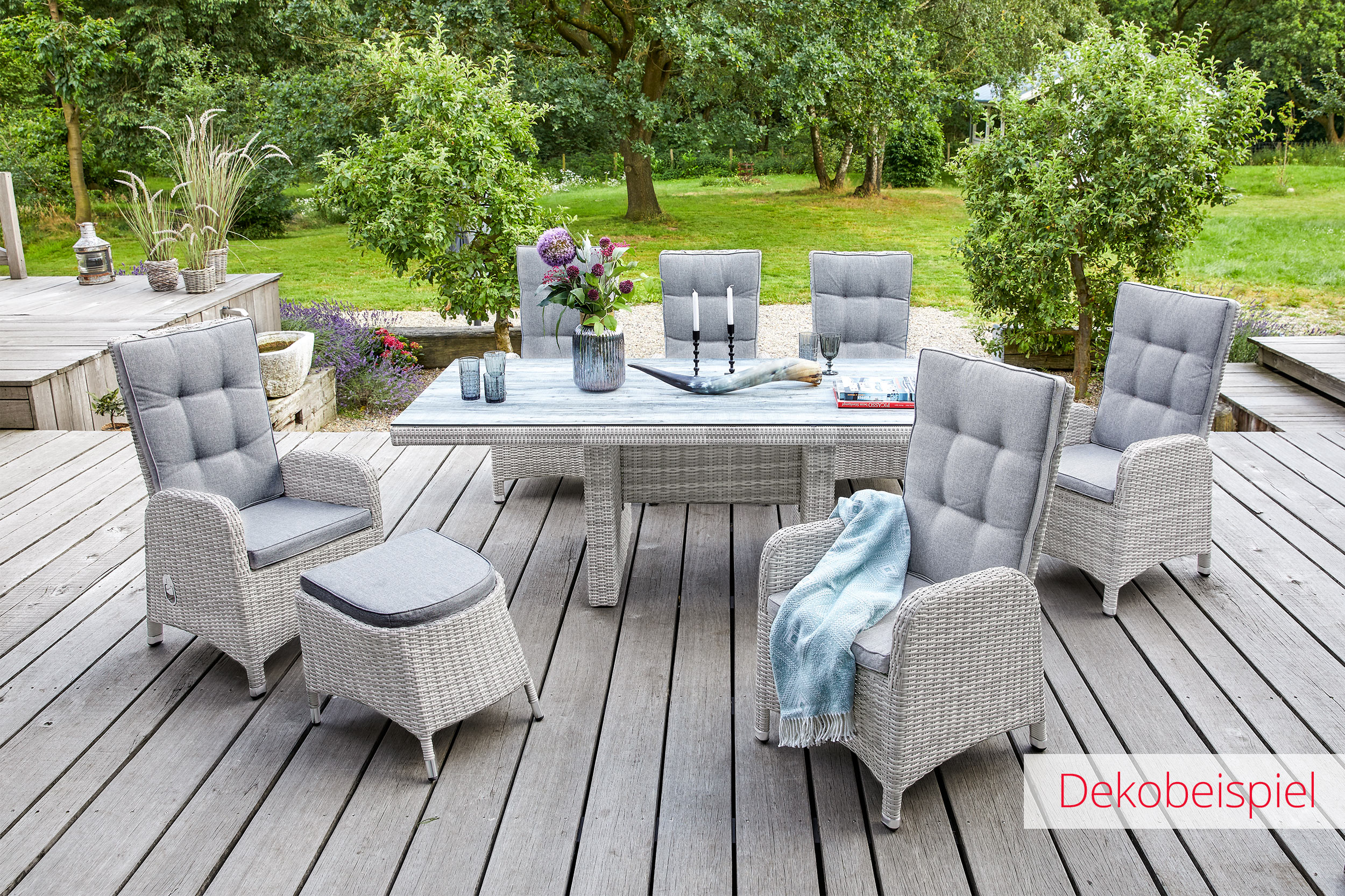 LC Garden »Nizza« Dining 6er Set Positionsstuhl Gartenstuhl weiß-grau Polyrattan inkl. Polster