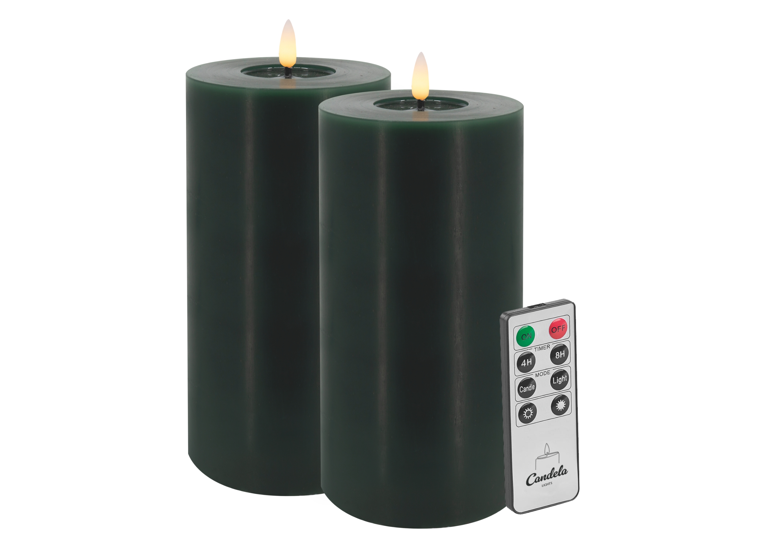Candela LED Kerzen 2er Set H:20xØ10cm Winter Green Smooth-Finish Echtwachs mit Fernbedienung Timer Funktion & mehrstufig dimmbar flammenlos Echtwachskerzen Stumpenkerze