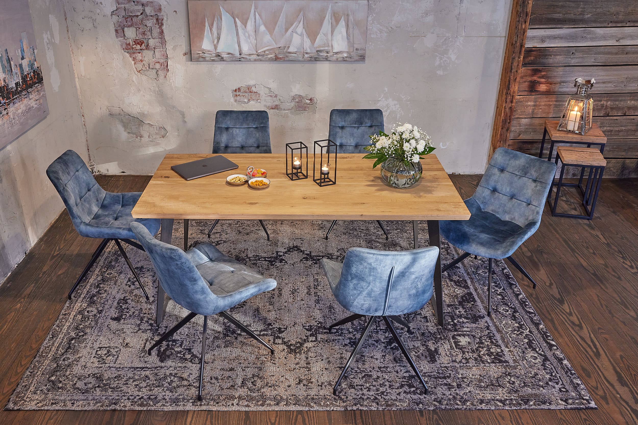 LC Home »Hanoi« Dining Set III Sitzgruppe Natur Samt Petrol