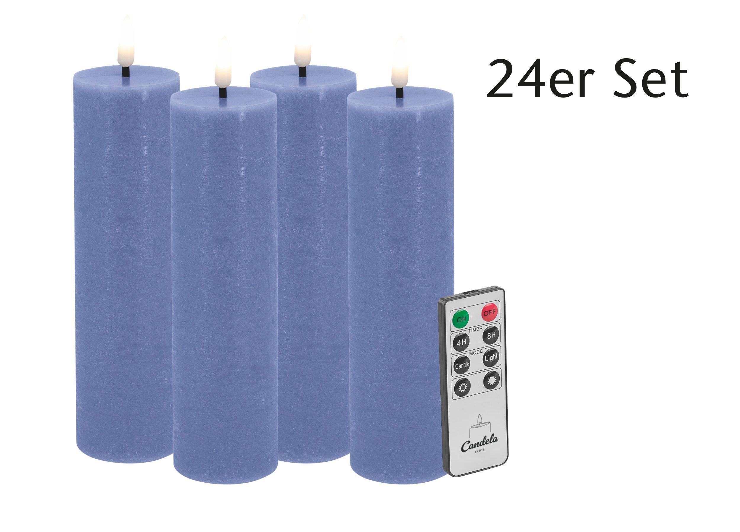 Candela LED Kerzen 24er Set H:17,5xØ5cm blau rustic Echtwachs mit Fernbedienung Timer Funktion & mehrstufig dimmbar flammenlos Echtwachskerzen Stumpenkerze
