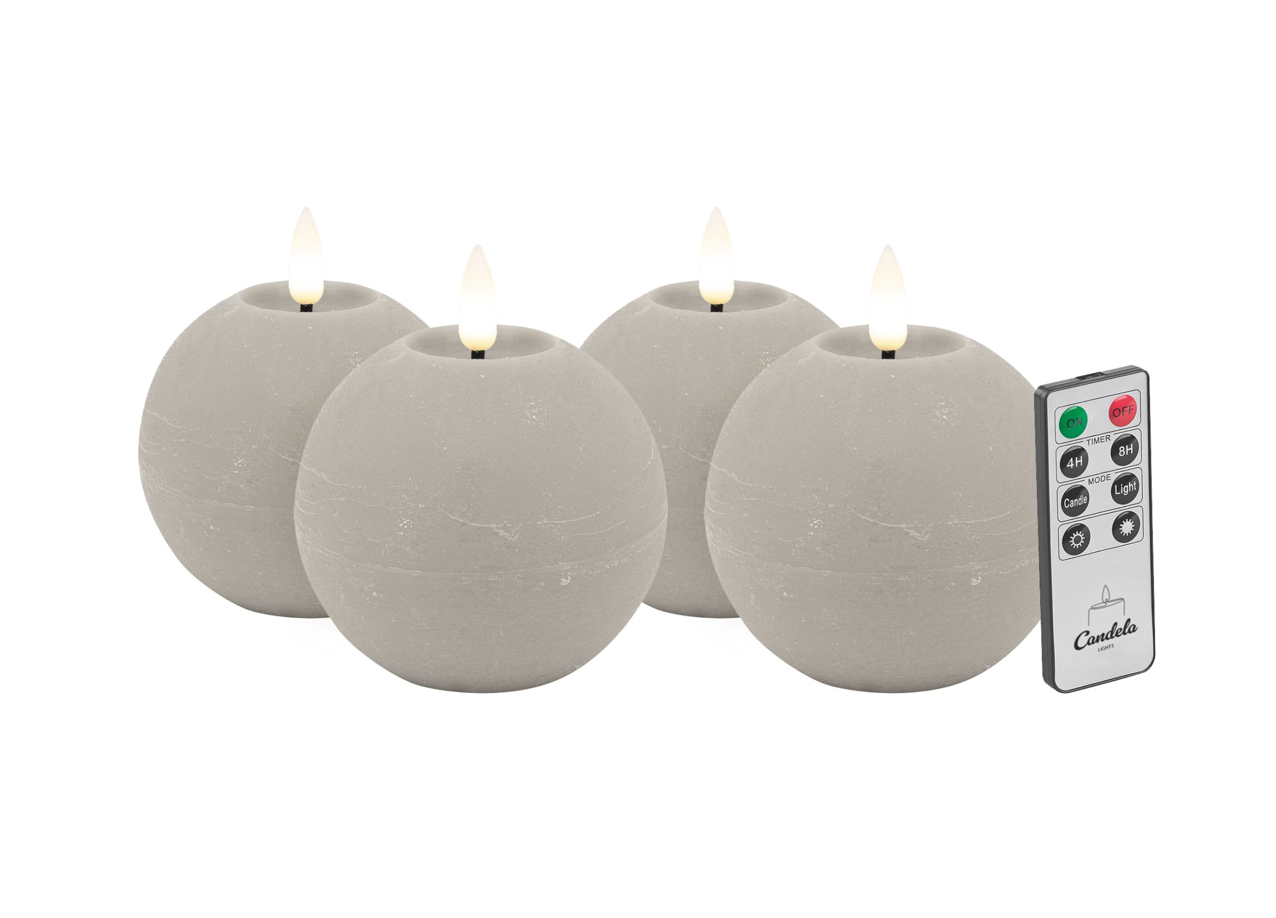Candela Lights LED Kerzen 4er Set Ø8x7cm sand rustic Kugelkerze Echtwachs mit Fernbedienung & Timerfunktion Flammenlose flackernde LED-Kerze mehrstufig dimmbar