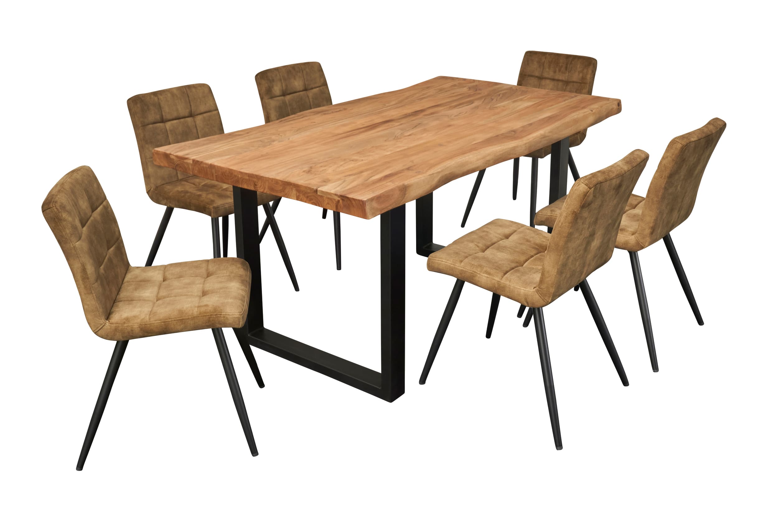 LC Home Essgruppe Moderner 7tlg. Esstisch Akazie U-Gestell 180cm + 6x Esszimmerstuhl Samtbezug Olive