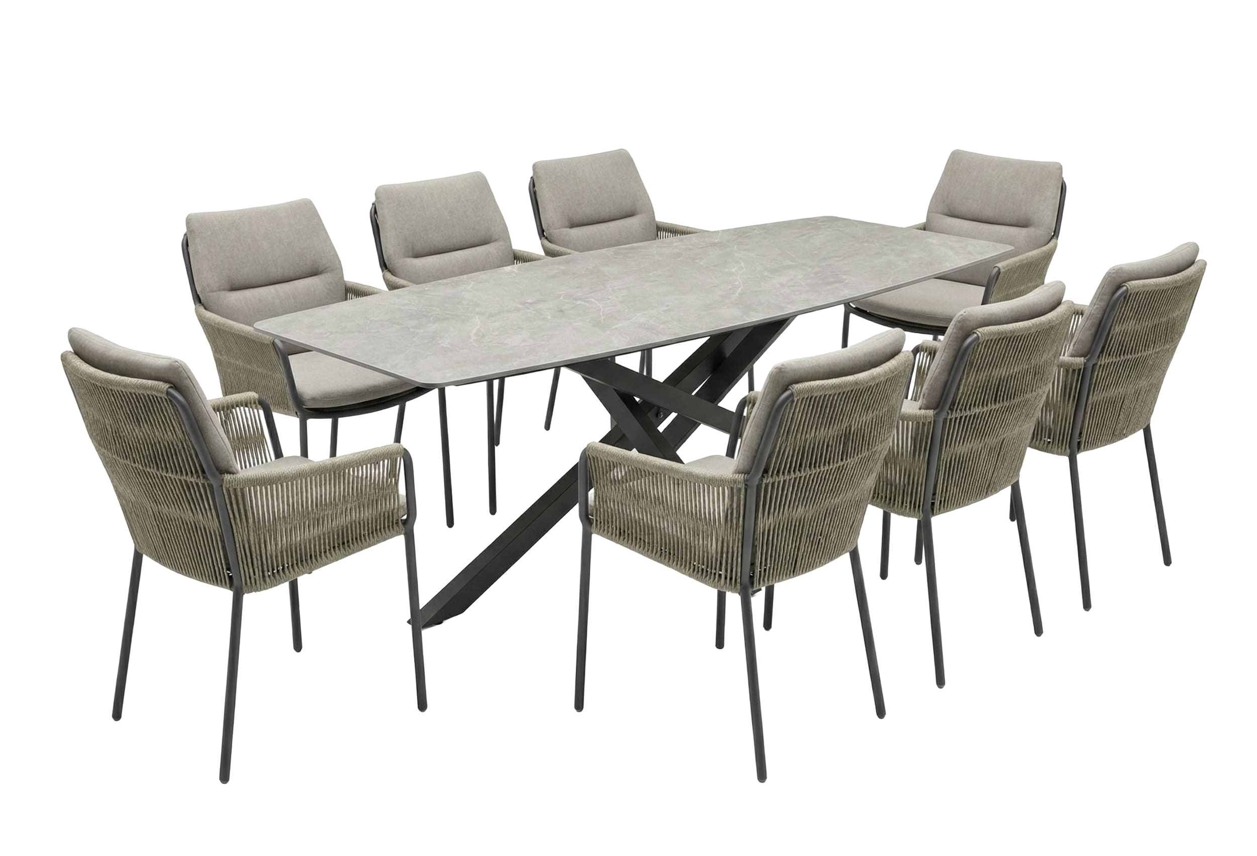 LC Garden »Como« Gartenset Esstisch 220cm Beton-Optik mit 8er Set Armlehnstühlen Taupe Rope