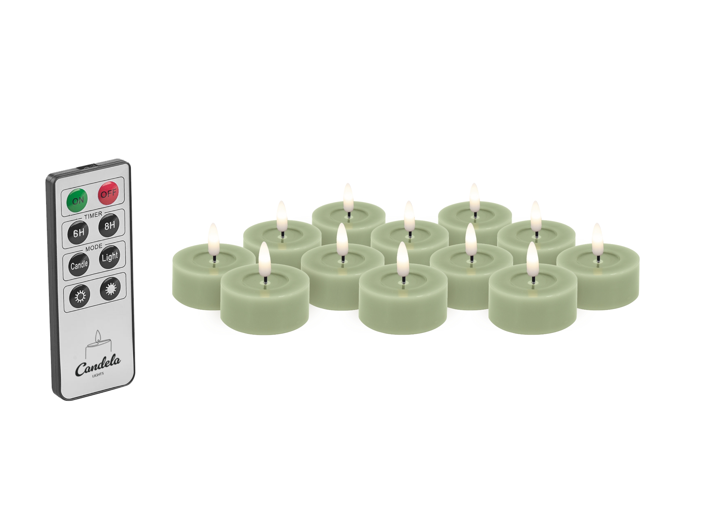 Candela Lights LED Teelicht 12er Set Ø4,5cm rustic grün mit Fernbedienung Timer Funktion & mehrstufig dimmbar flammenlos Teelicht