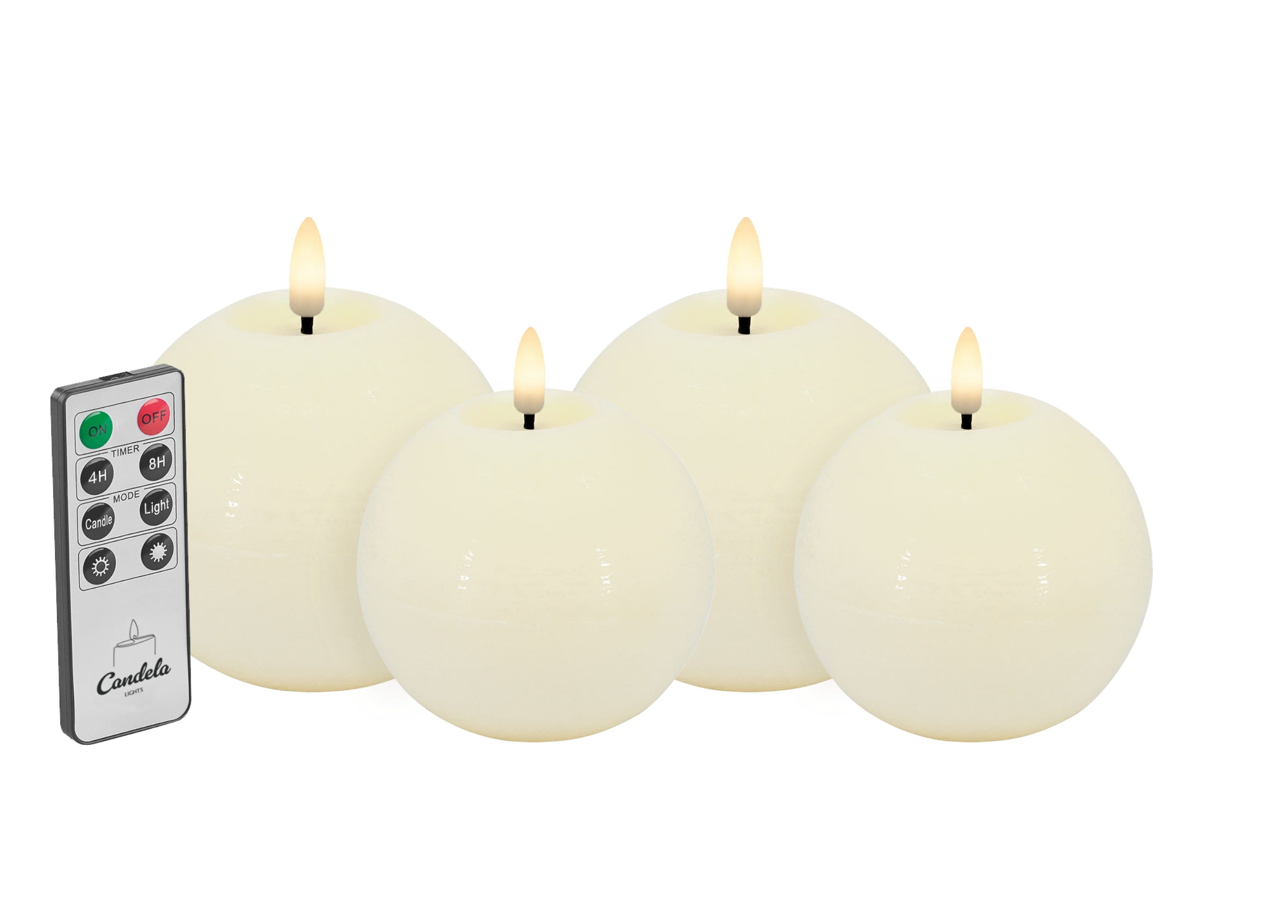 Candela Lights LED Kerzen 4er Set Kugelkerze creme rustic Echtwachs mit Fernbedienung Timer Funktion & mehrstufig dimmbar flammenlos Echtwachskerzen