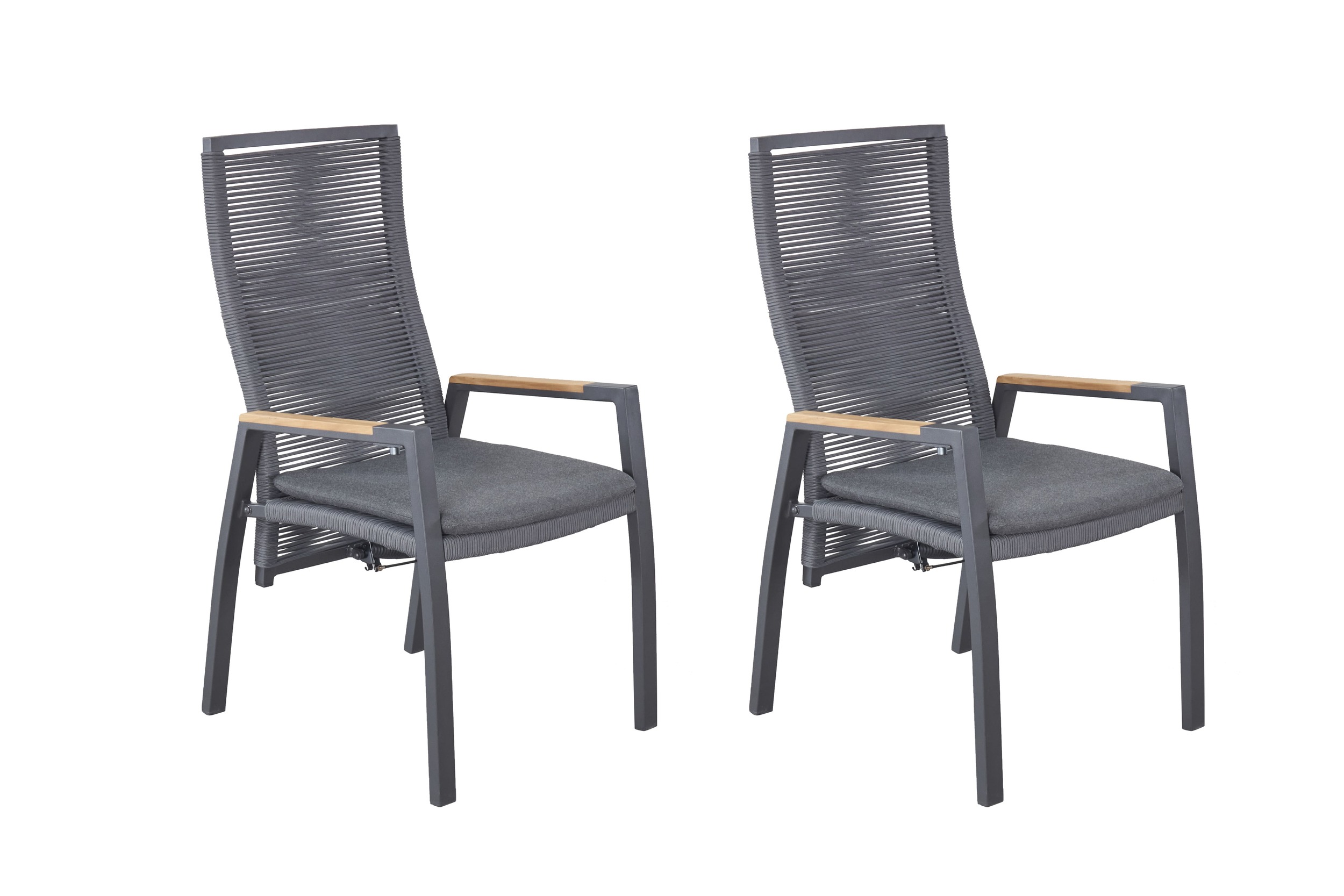 LC Garden 2er Set »Diwo« Gartenstuhl anthrazit/grau Aluminium/Rope & Teak-Armlehne Positionsstuhl mit Sitzkissen aus Sunbrella® Stoff
