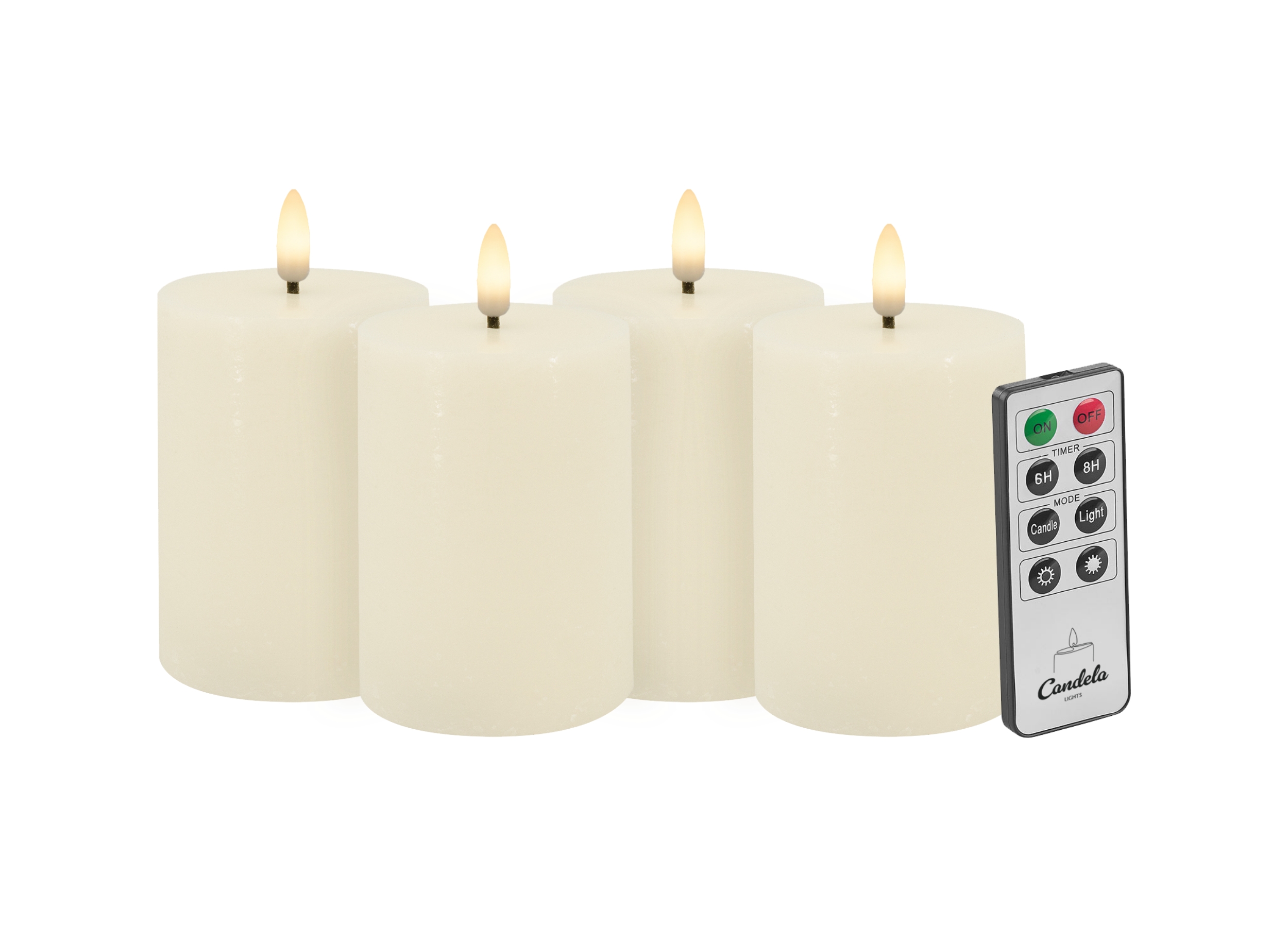 Candela Lights LED Kerzen 4er Set Ø7,5x10cm creme rustic Stumpenkerze Echtwachs mit Fernbedienung & Timerfunktion Flammenlose flackernde LED-Kerze mehrstufig dimmbar