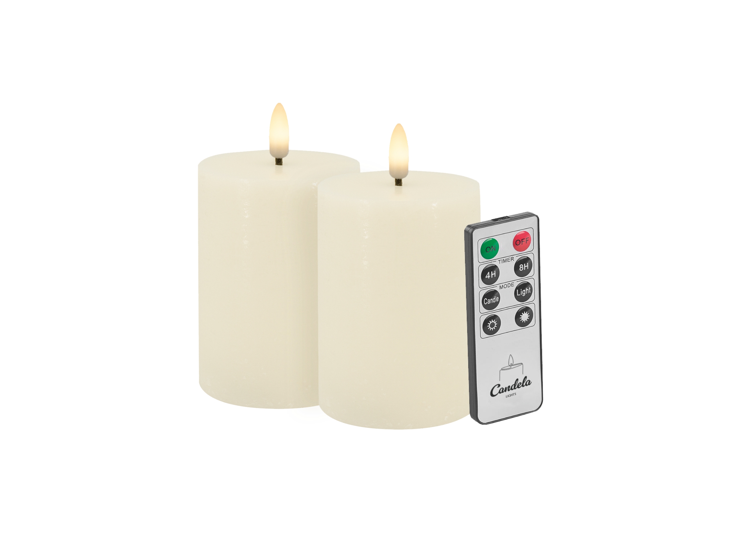 Candela Lights LED Stumpenkerzen 2er Set Echtwachs creme rustic H10xØ7,5cm Flammeneffekt & feste Flamme mit Fernbedienung Timer Funktion & mehrstufig dimmbar Echtwachskerzen