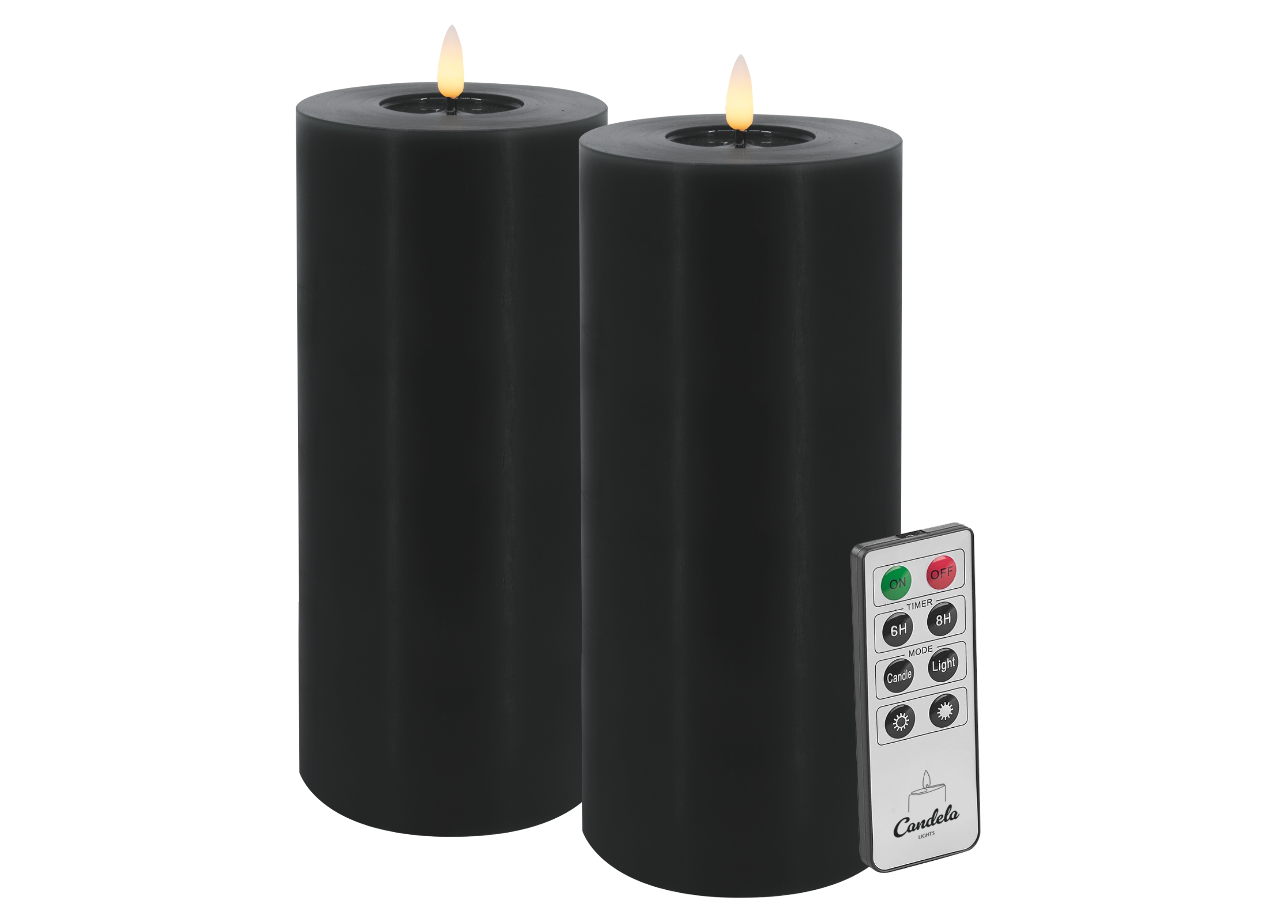 Candela LED Kerzen 2er Set H:25xØ10cm Winter schwarz glatt Echtwachs mit Fernbedienung Timer Funktion & mehrstufig dimmbar flammenlos Echtwachskerzen Stumpenkerze